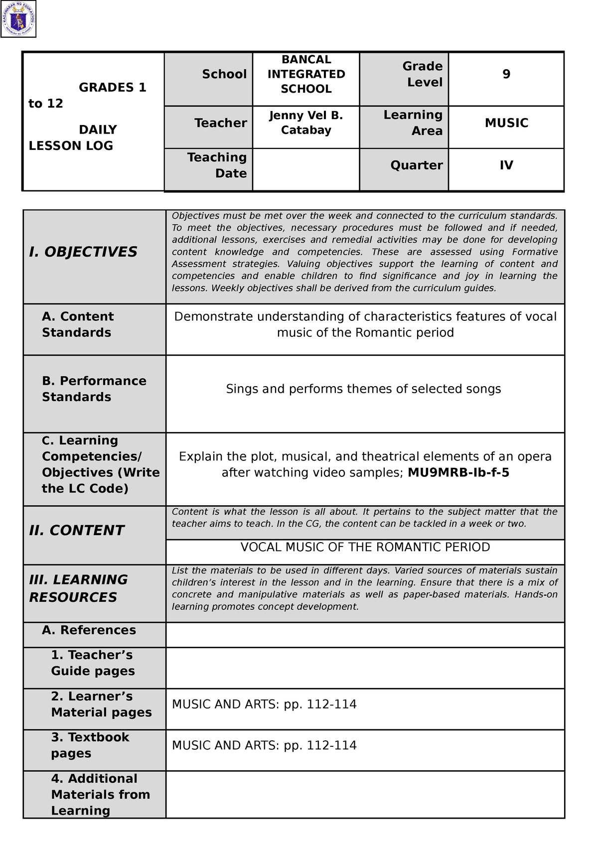 DLP Music 9 - Copy - Academic - GRADES 1 To 12 DAILY LESSON LOG School ...