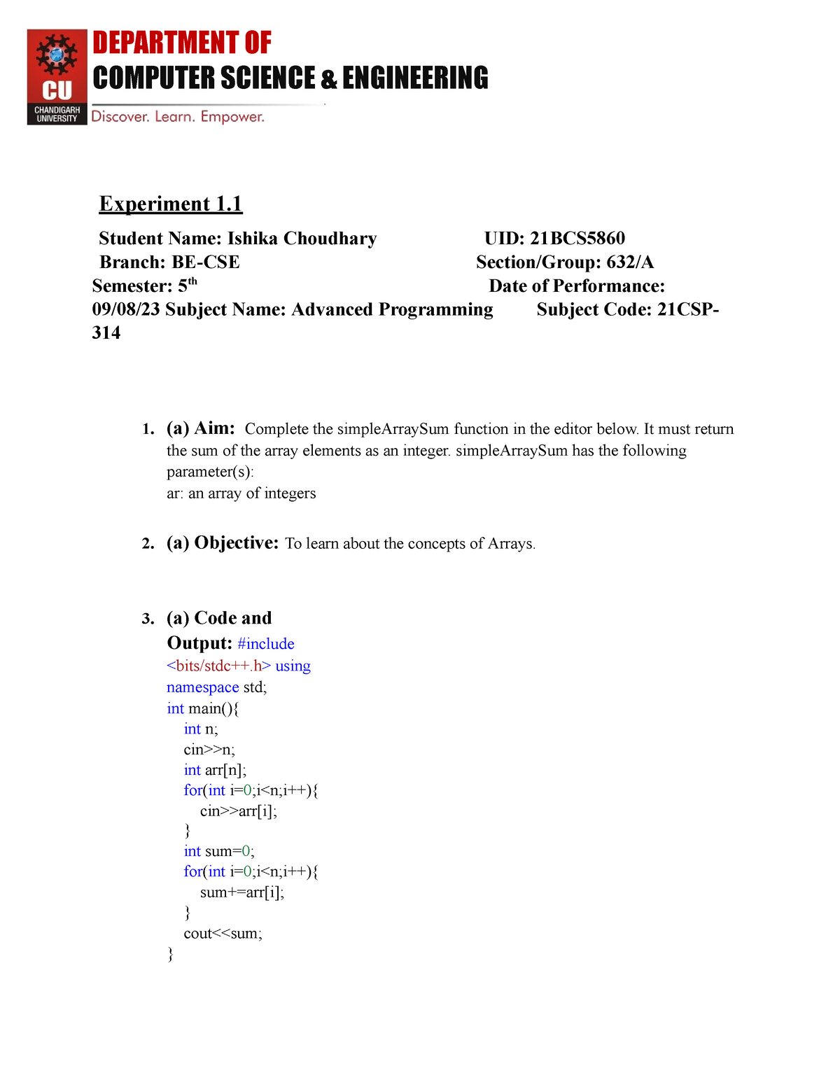 AP EXP-1 - Ap And Aiml Experiment - DEPARTMENT OF COMPUTER SCIENCE ...