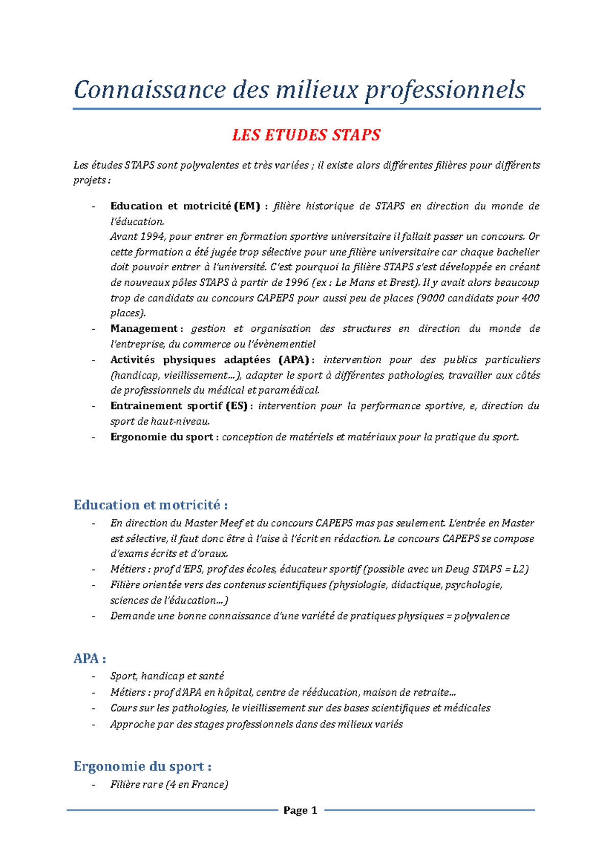 1- les études Staps - Mr Machin - Connaissance des milieux ...