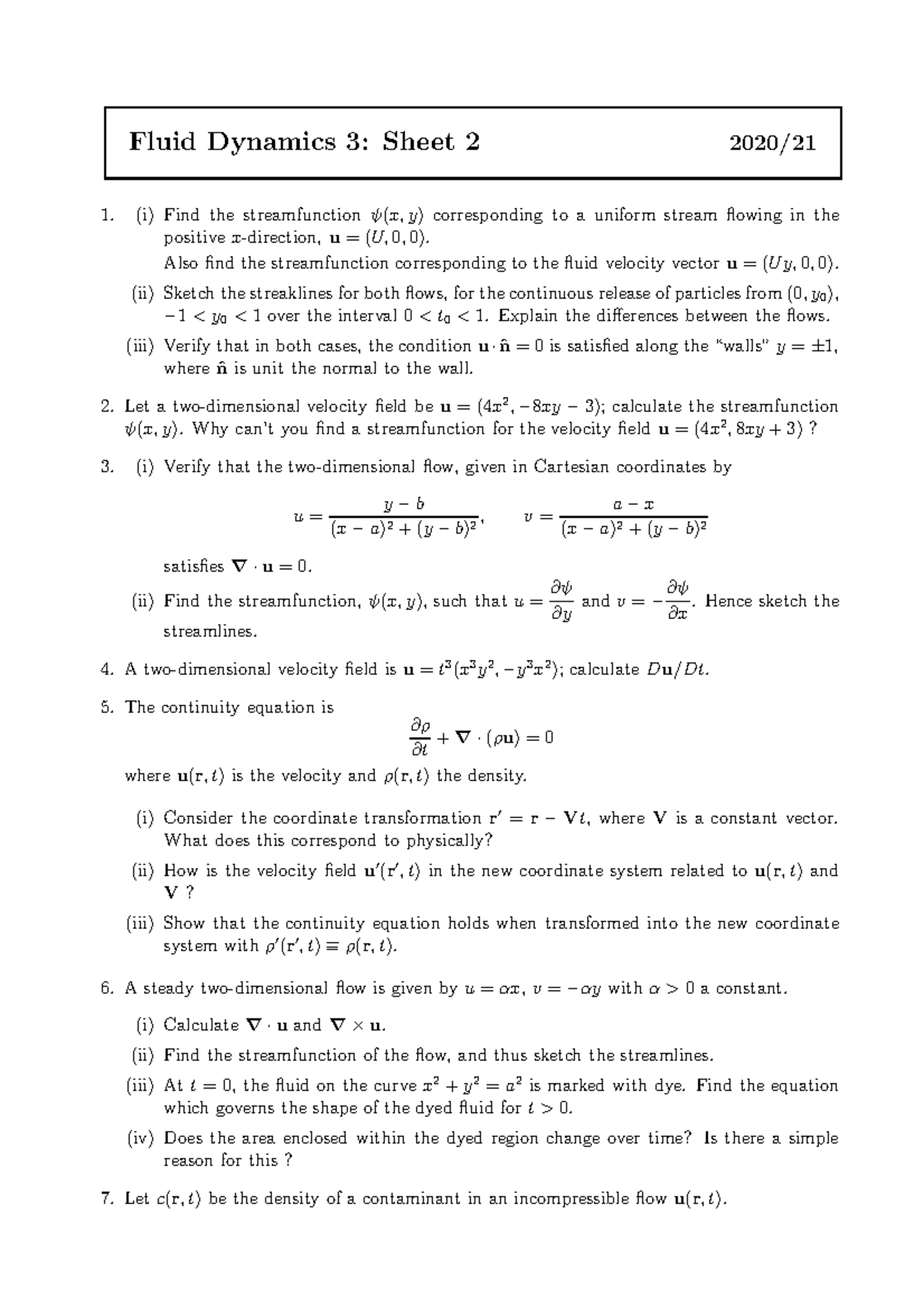 Fluid Dynamics worksheet 2 Fluid Dynamics 3 Sheet 2 2020/ (i) Find