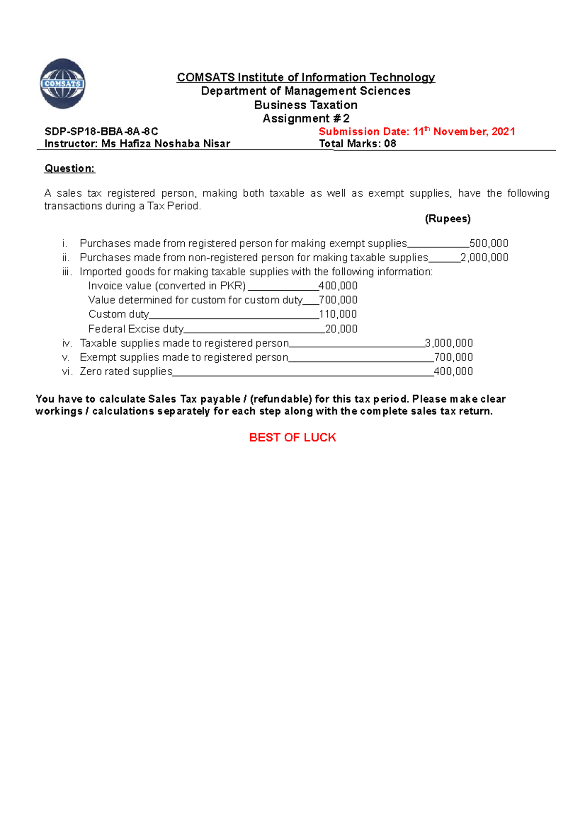 business taxation solved assignment