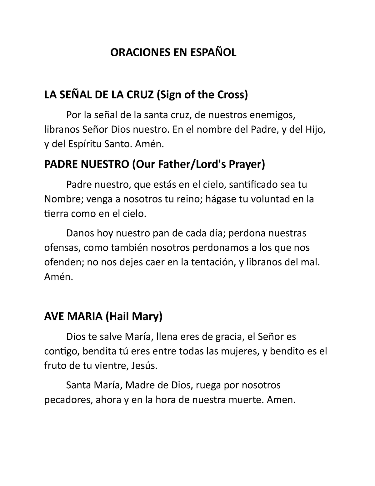 Spanish Prayer ORACIONES EN ESPA OL LA SE AL DE LA CRUZ Sign of