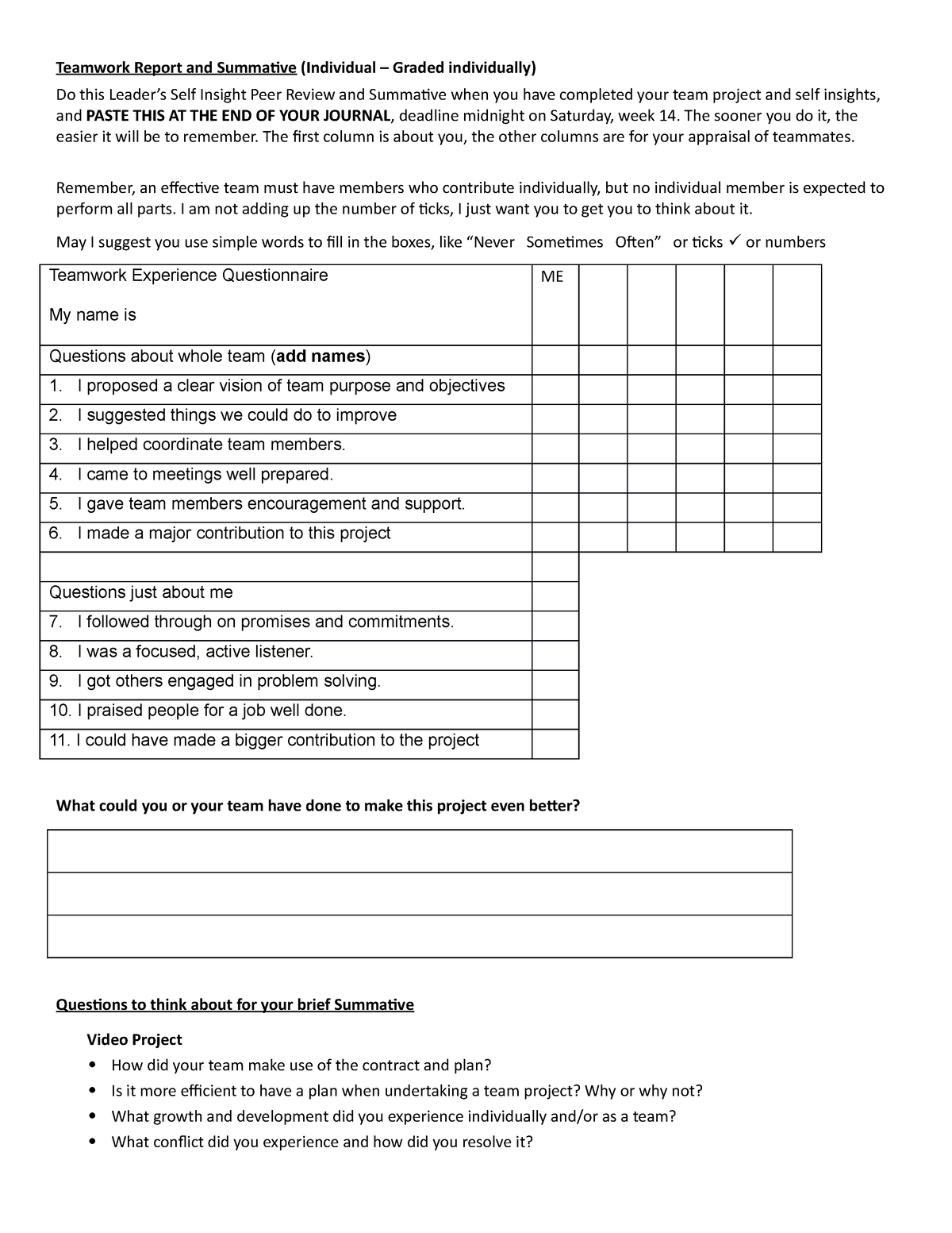 Teamwork Experience Questionnaire and Self Insight Summative(1 ...