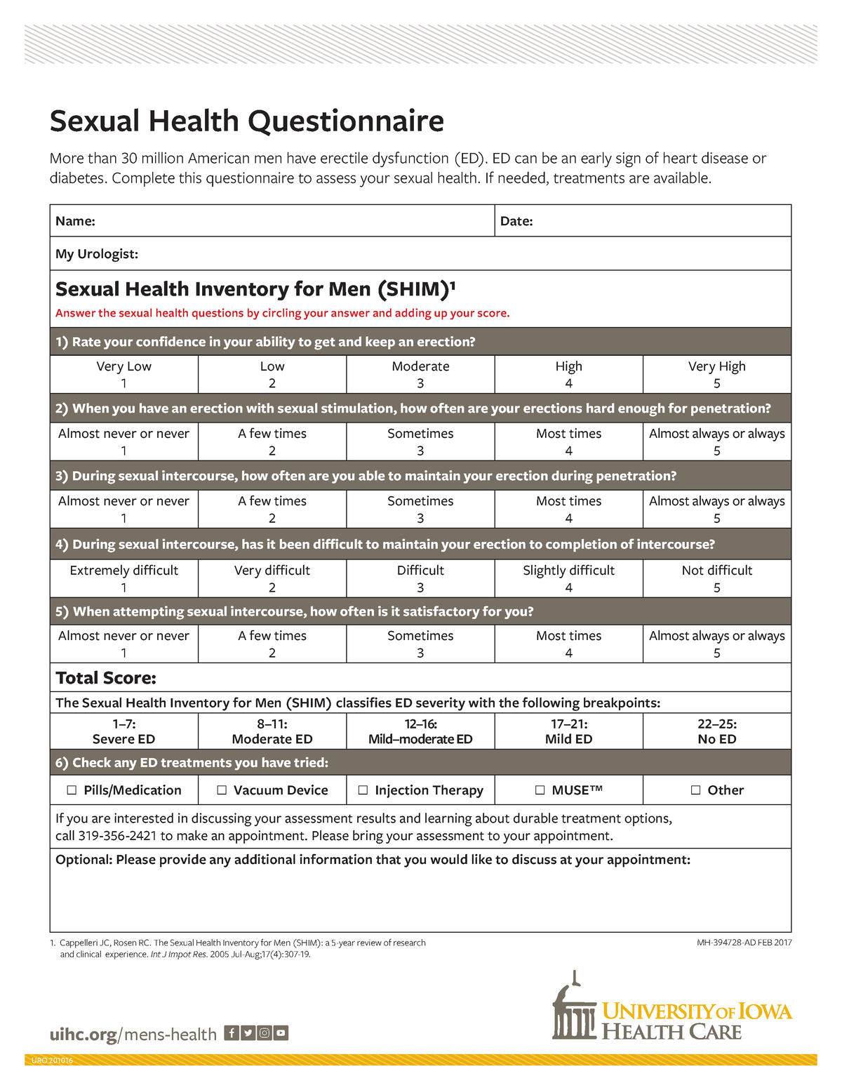 Sexual Health Questionnaire Uro Uihc Mens Health Sexual Health Questionnaire More Than 30 9079