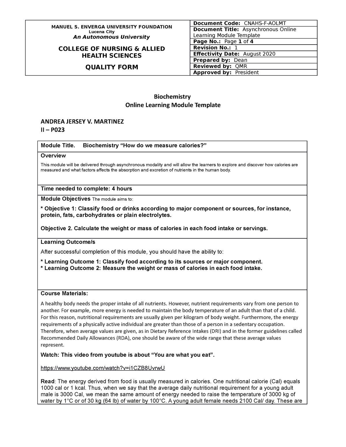 Biochemistry Module 2 Asynch-How do we measure calories - MANUEL S ...