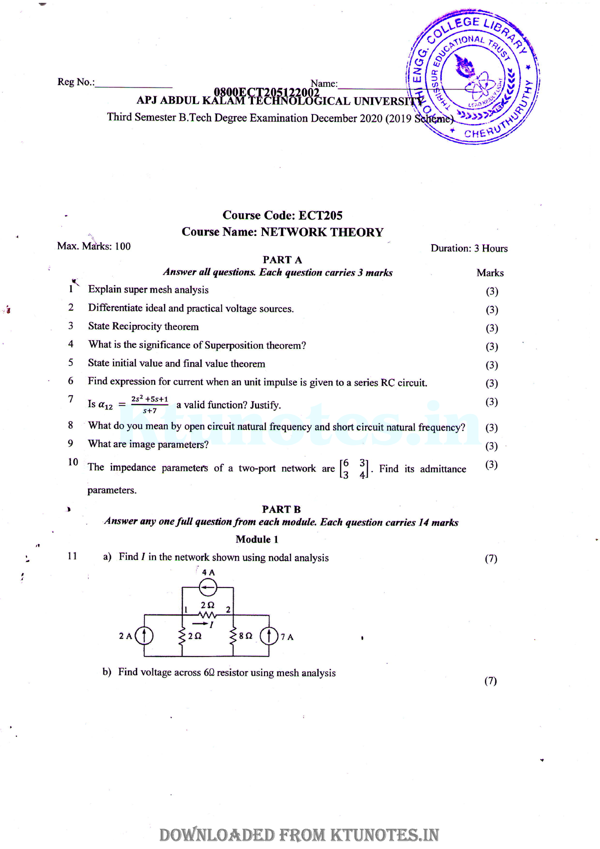 ECT205 Network Theory Question Paper (2019 Scheme) - Ffi Nf:;.-,