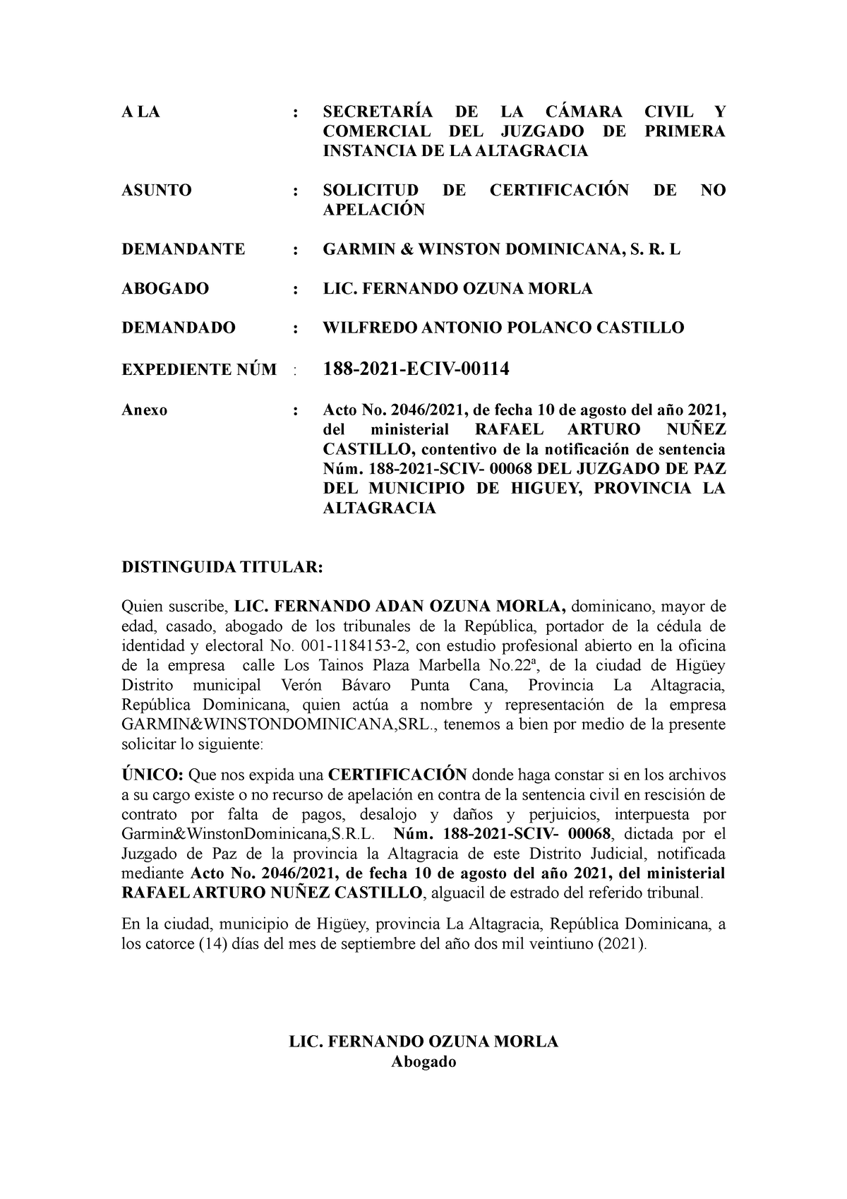 Solicitud De Certificacion De No Apelacion A La SecretarÍa De La CÁmara Civil Y Comercial 2466