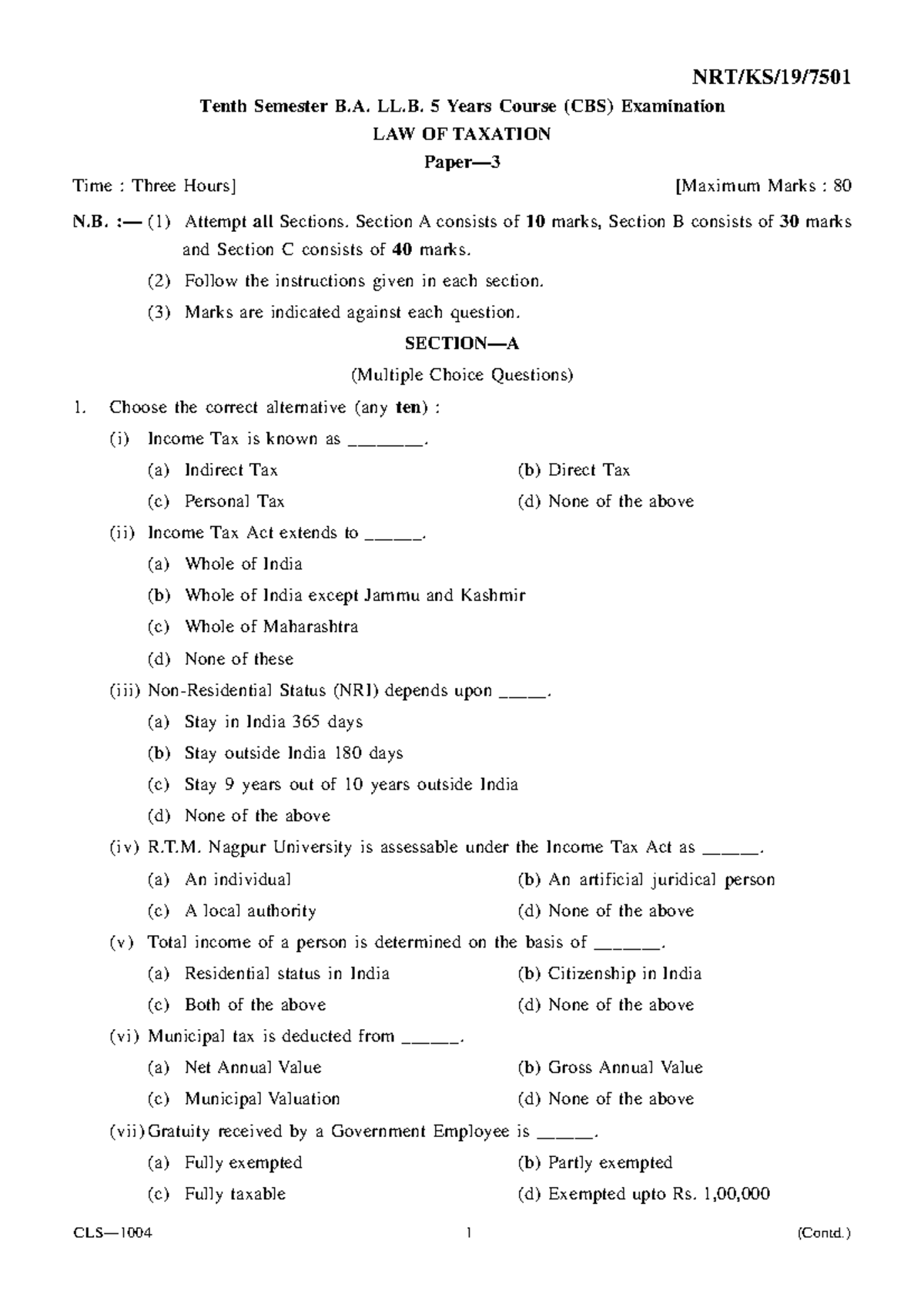7501 useful for practice use as a dummy paper NRT/KS/19/ Tenth