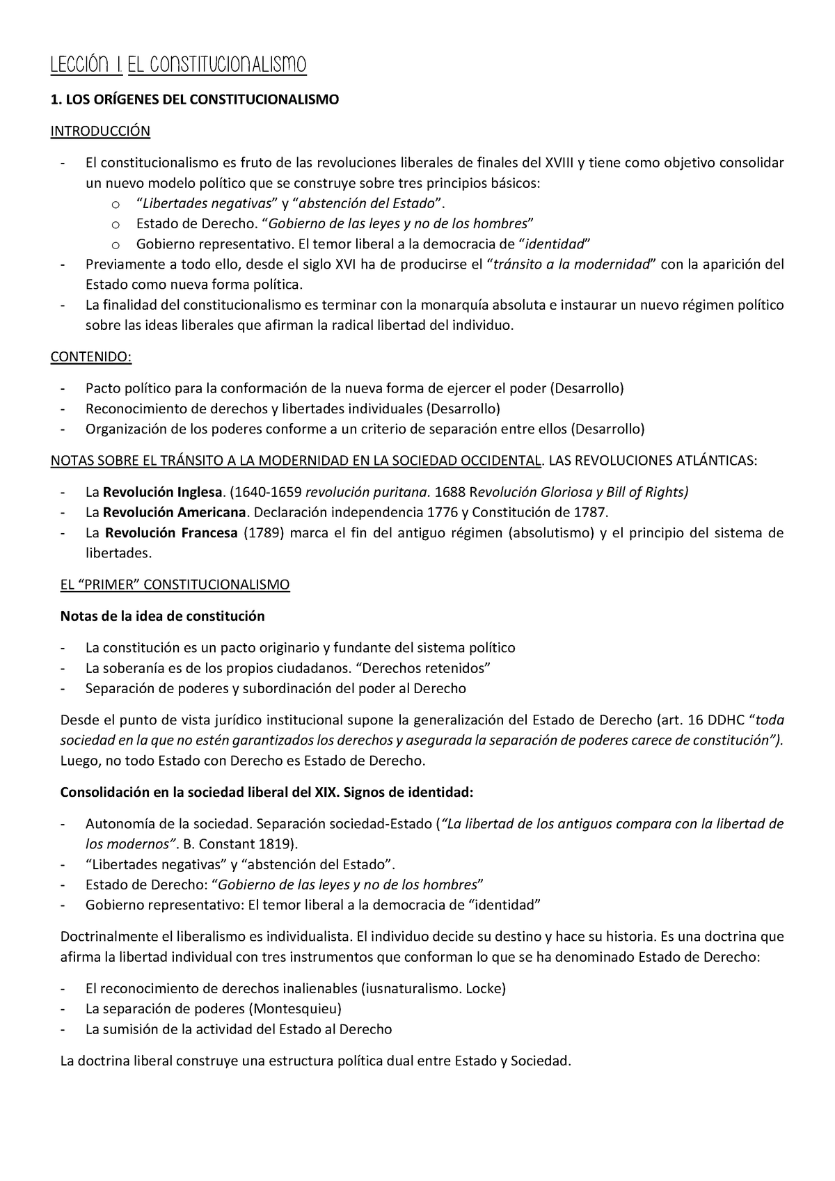 Lección 1 - Apuntes 1 - LECCIÓN 1. EL CONSTITUCIONALISMO 1. LOS ...