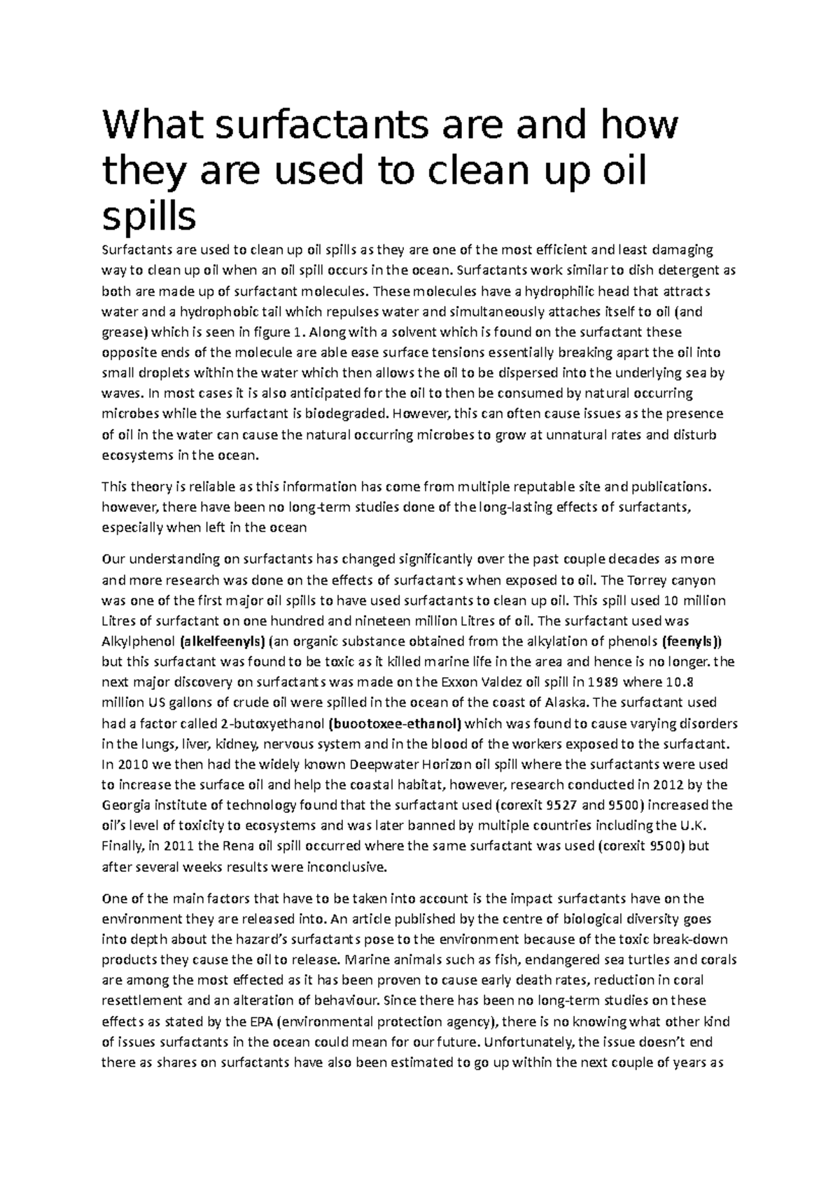 What surfactants are and how they are used to clean up oil spills