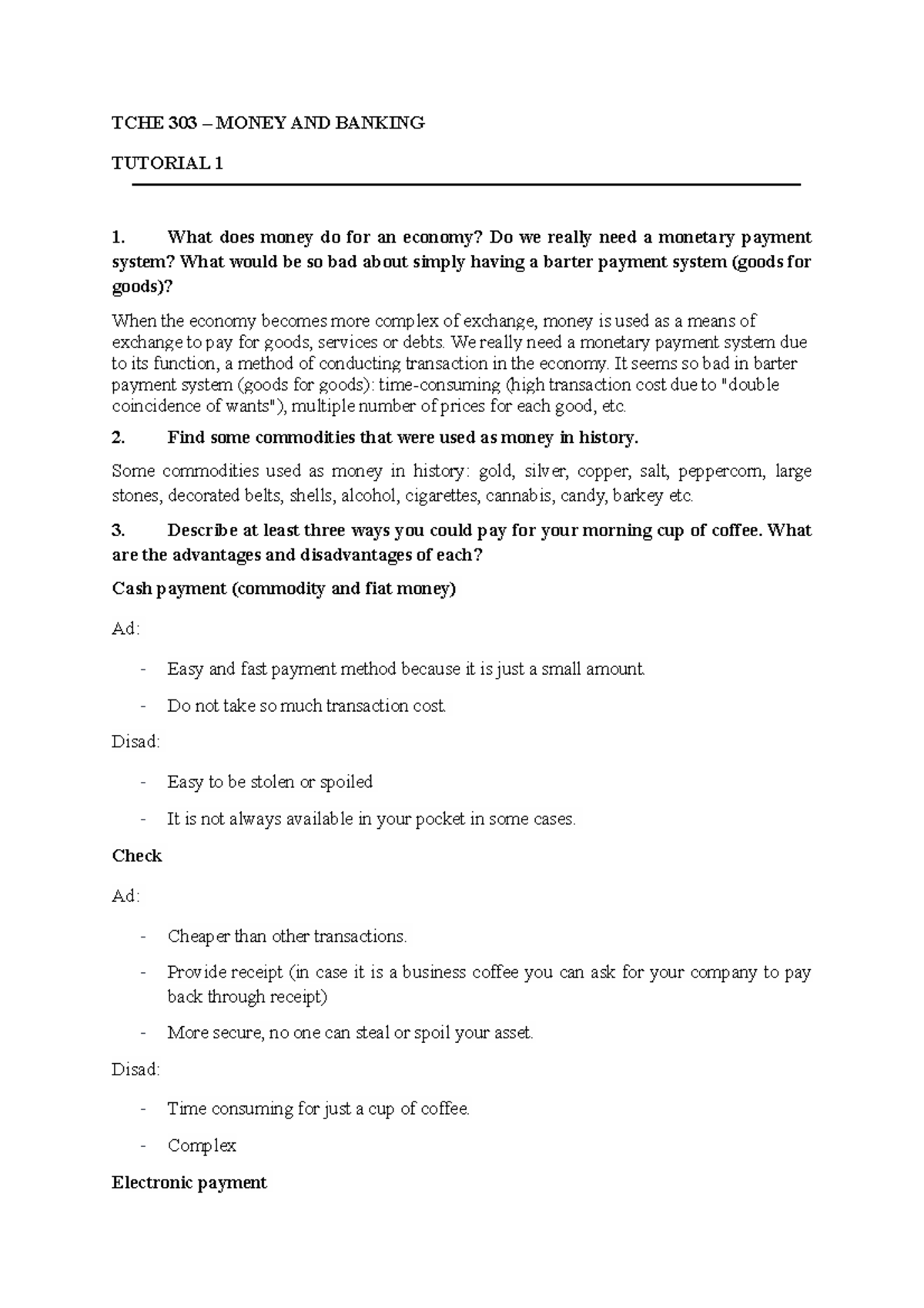 Tutorial for revision TCHE 303 MONEY AND BANKING TUTORIAL 1 1