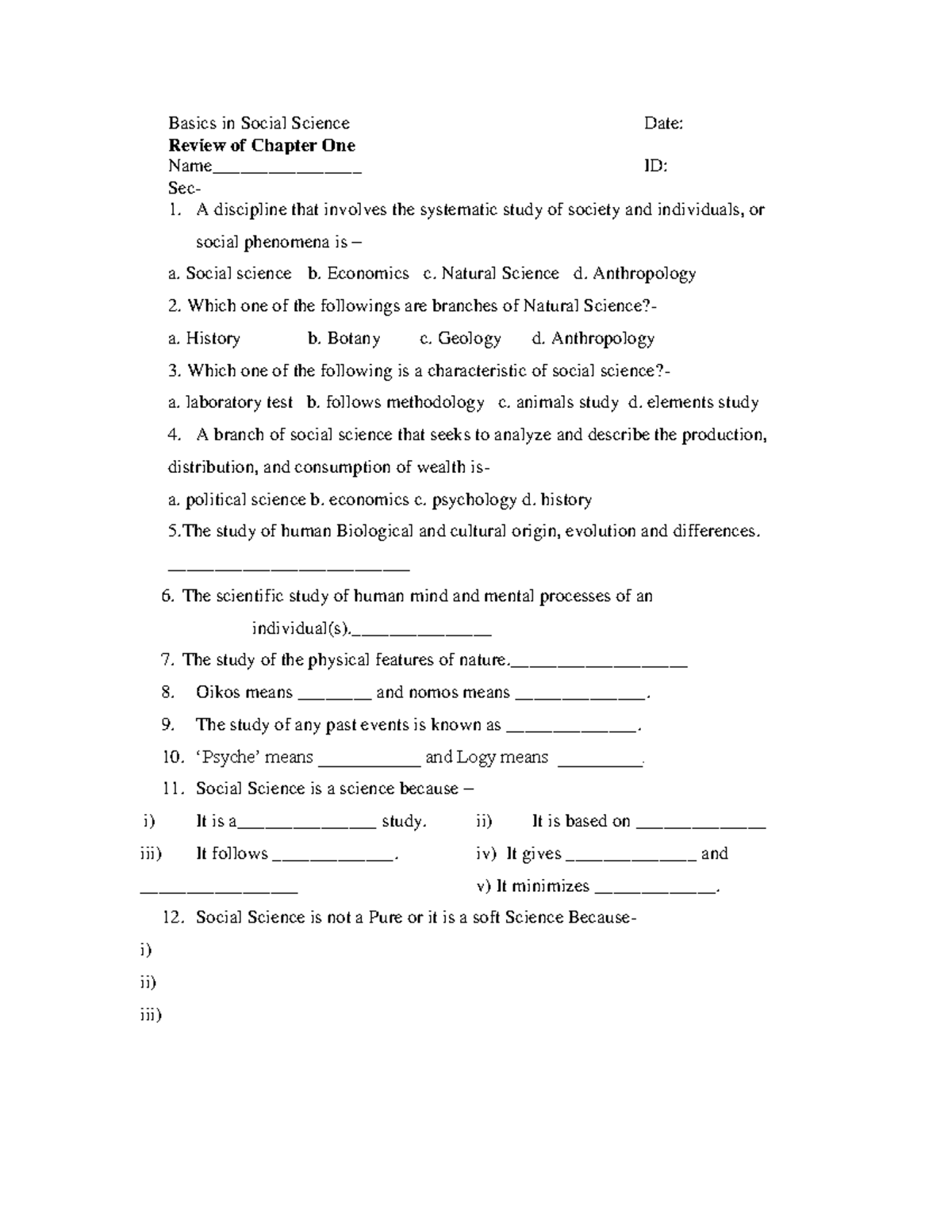 Social Science Chapter -1 Review 2021 - Basics in Social Science Date ...