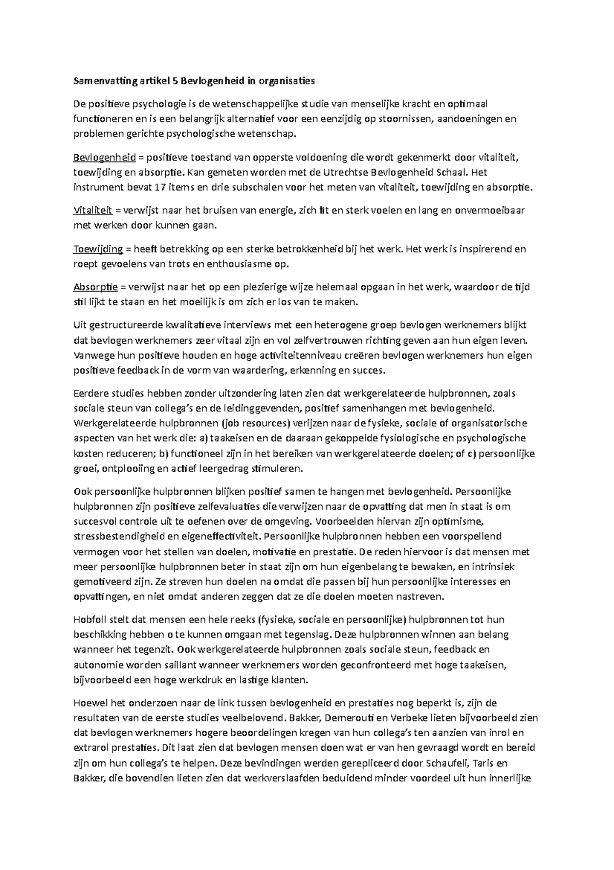 Samenvatting artikel 5 Bevlogenheid in organisaties  Samenvatting