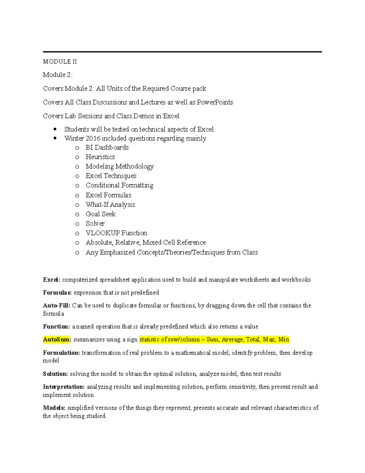 excel module 2 lecture notes MODULE II Module 2 Covers Module 2 All