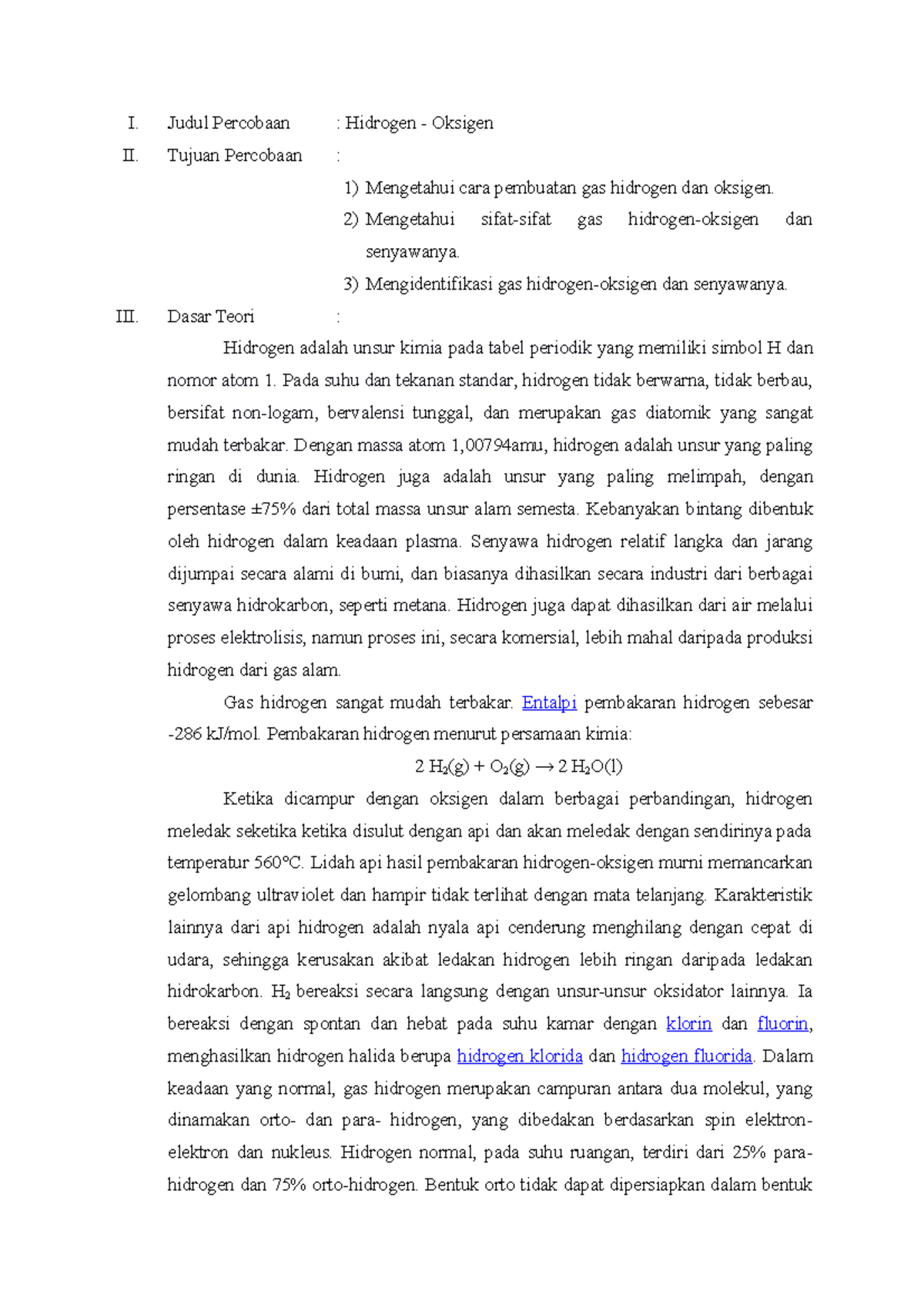 Laporan Hidrogen Dan Oksigen - I. Judul Percobaan : Hidrogen - Oksigen ...