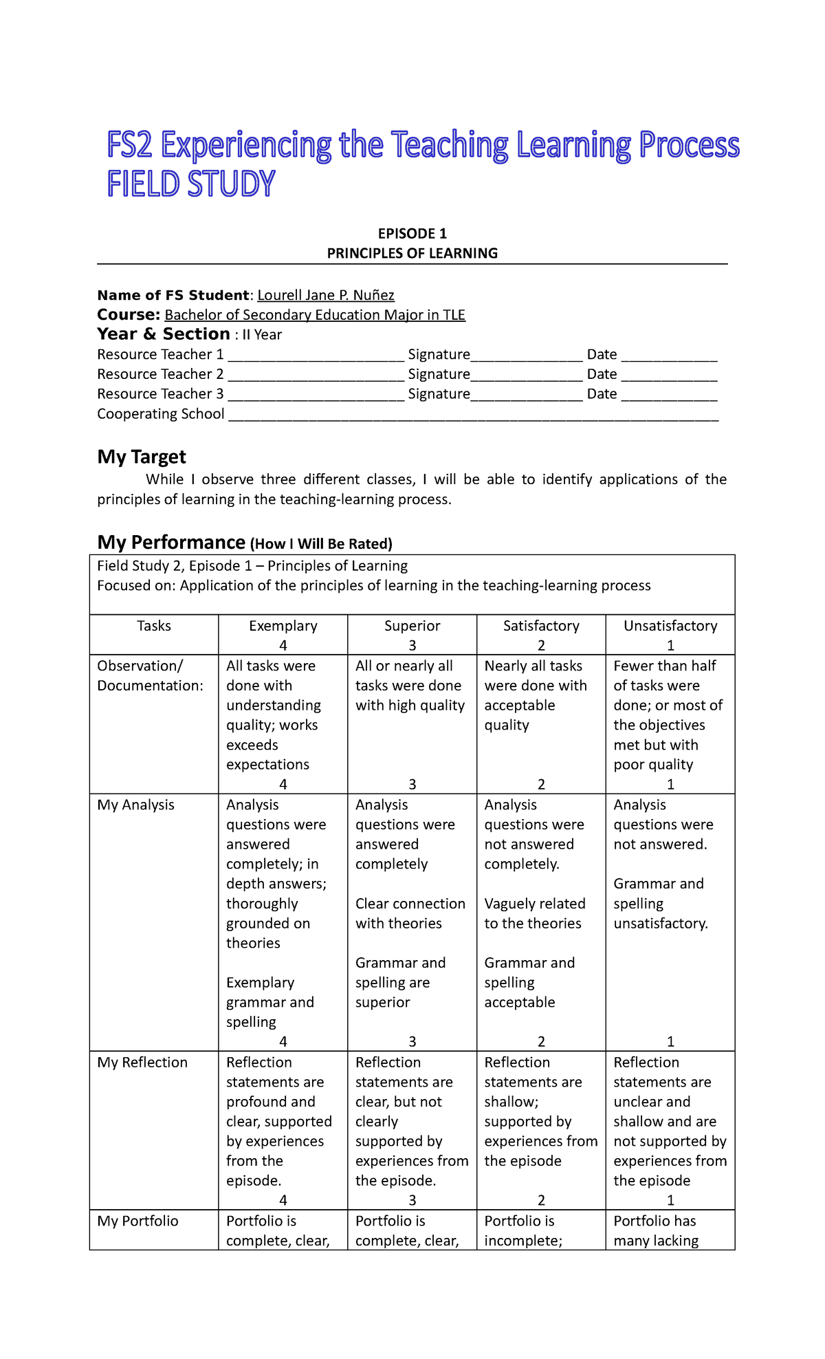 Field Study 2 - FS2 - EPISODE 1 PRINCIPLES OF LEARNING Name Of FS ...