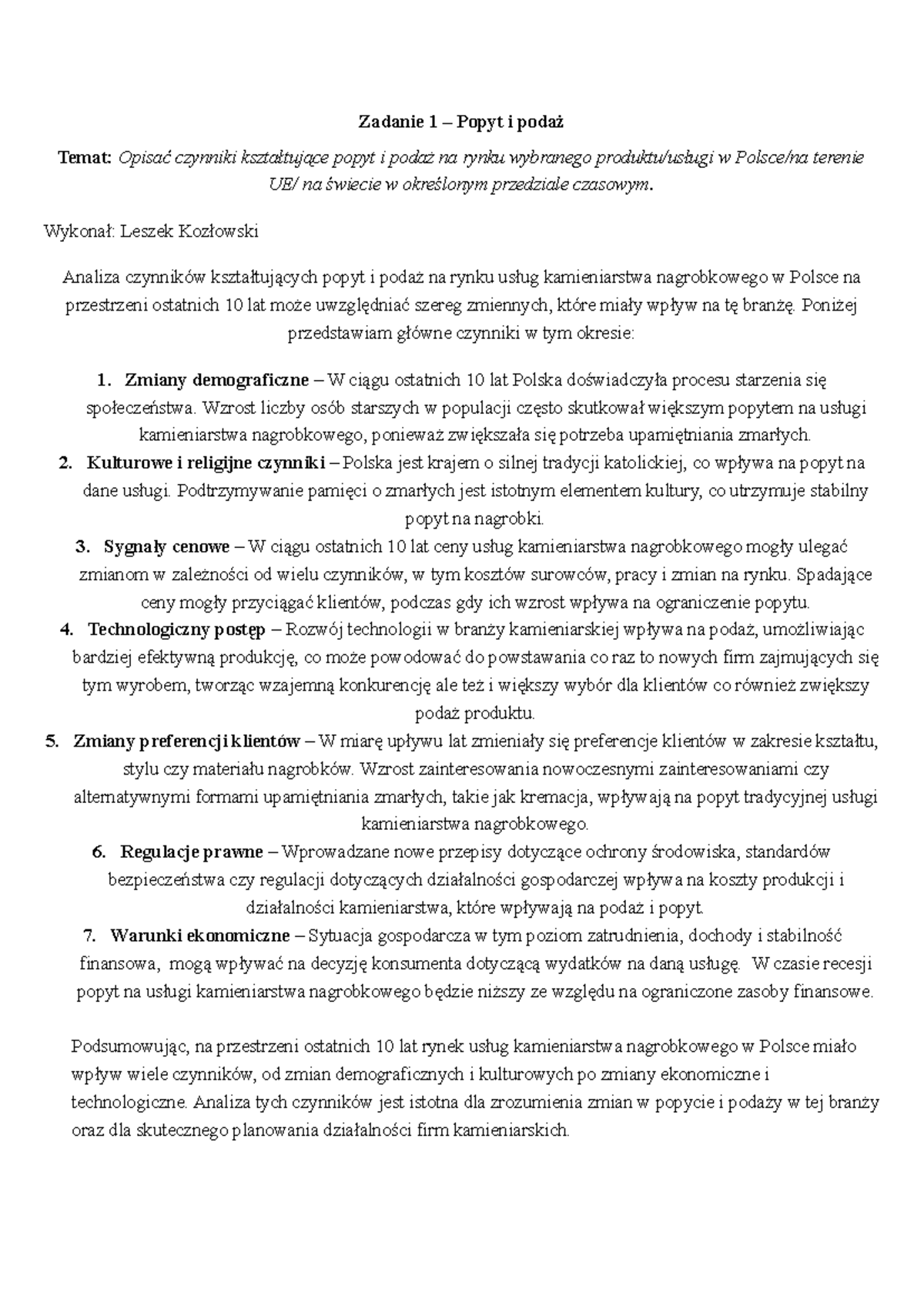 Zasady gospodarki rynkowej i organizacji- zadanie 1 podaż i popyt
