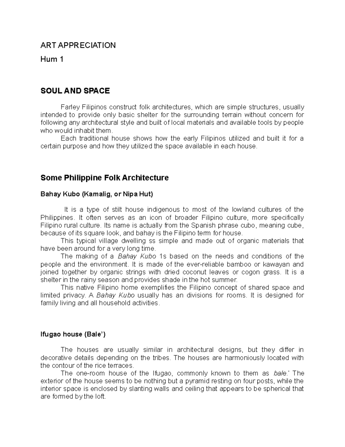 Art Appreciation Hum 1 Soul and Space ART APPRECIATION Hum 1 SOUL