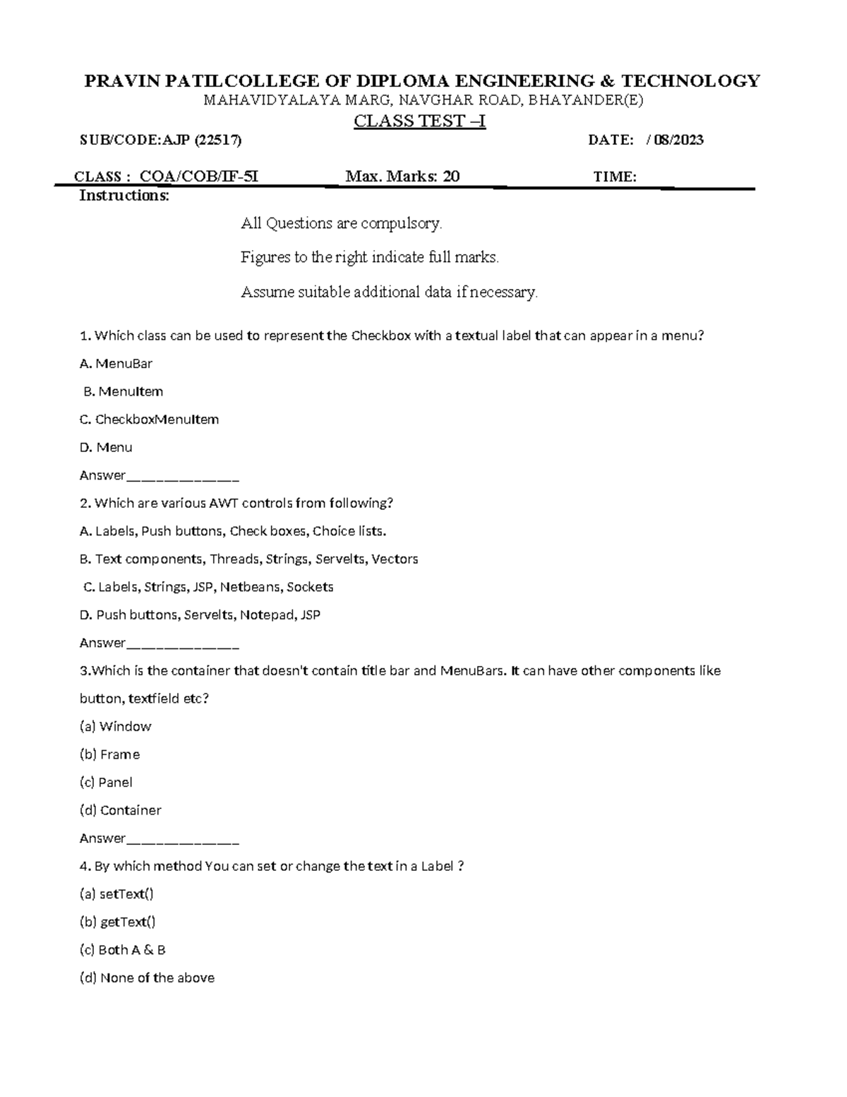 AJP Class TEST-1 Paper - Summary Java Programming - PRAVIN PATILCOLLEGE ...