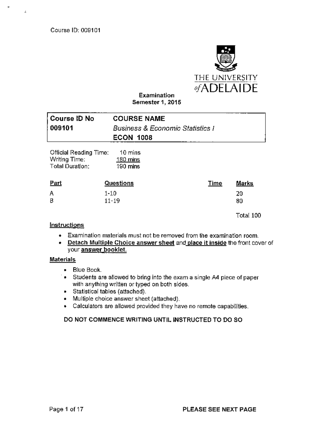 Sample/practice exam 2015, questions and answers - Semester 1 - ECON ...
