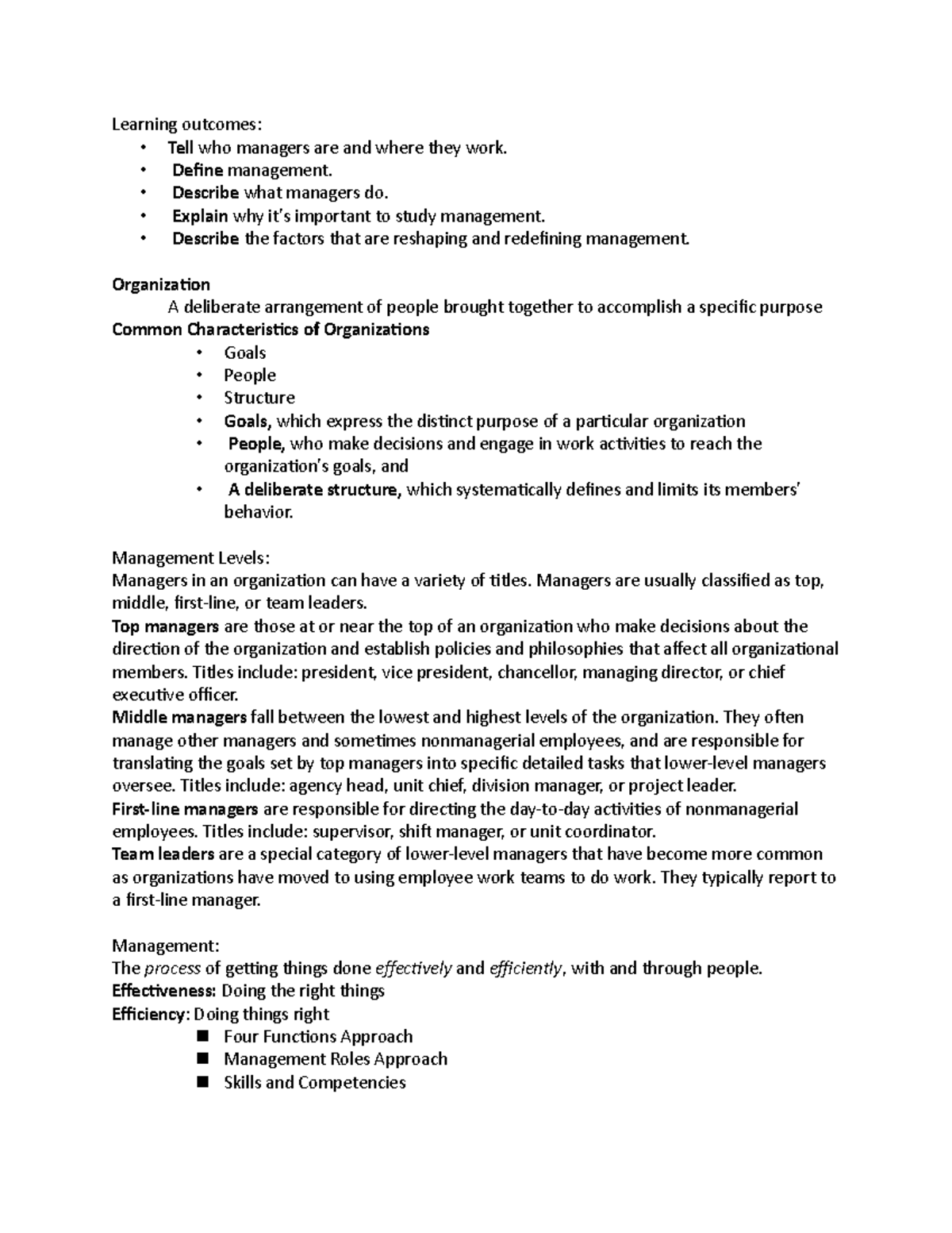 Chapter 1 - Lecture notes 1 - Learning outcomes: - Tell who managers ...