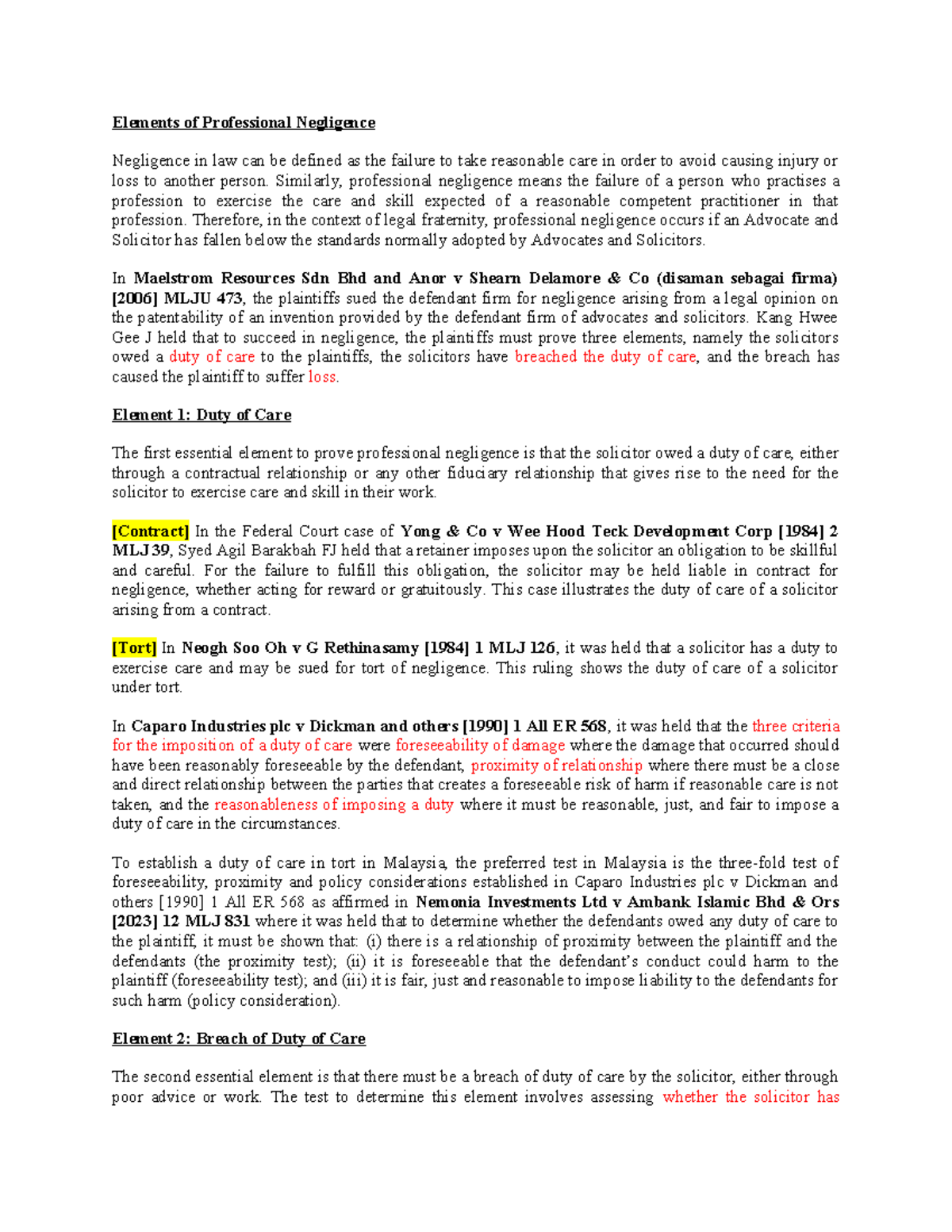 Elements of Professional Negligence - Elements of Professional ...