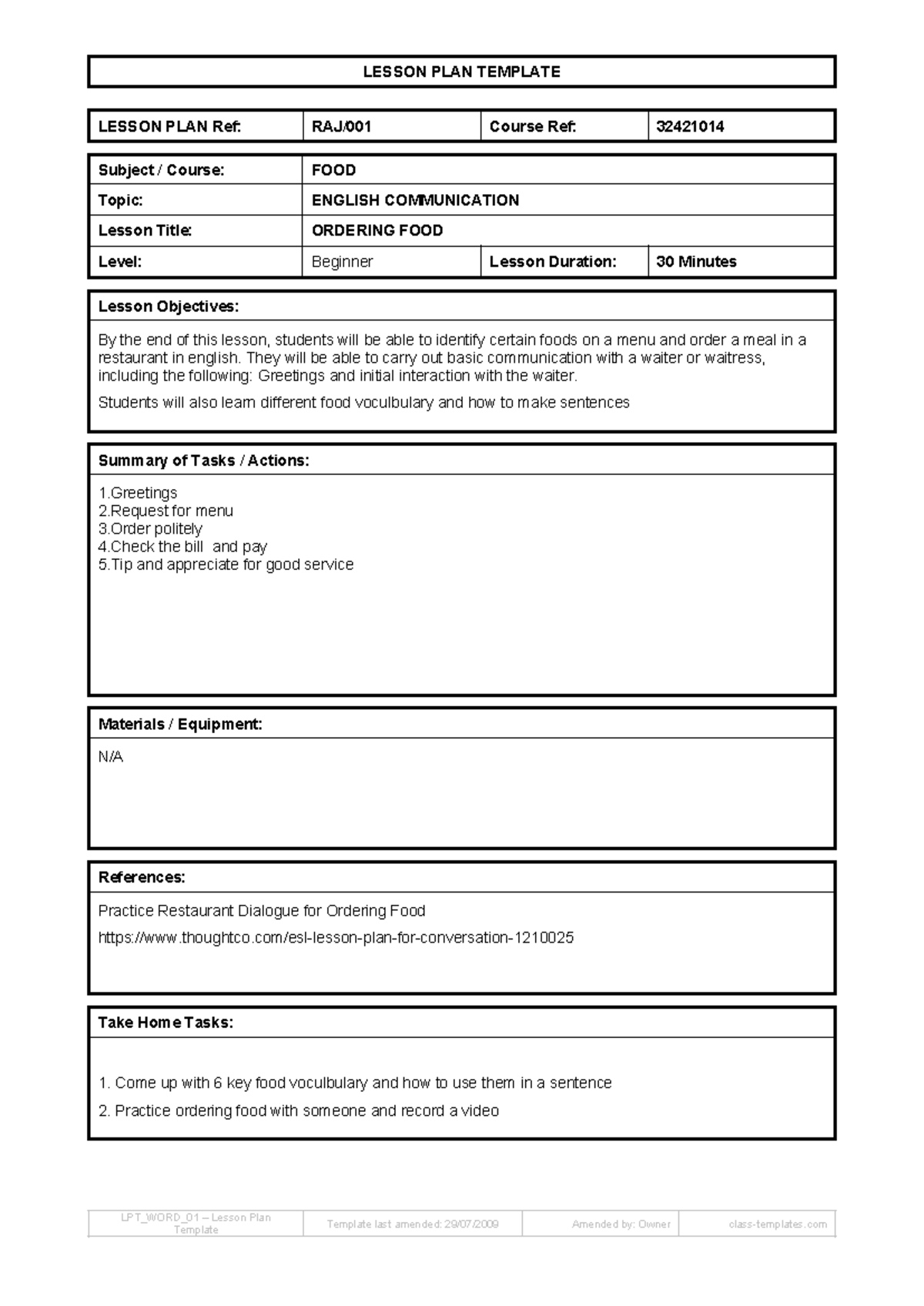 Lesson Plan Template - English Leson plan for a class - LESSON PLAN ...