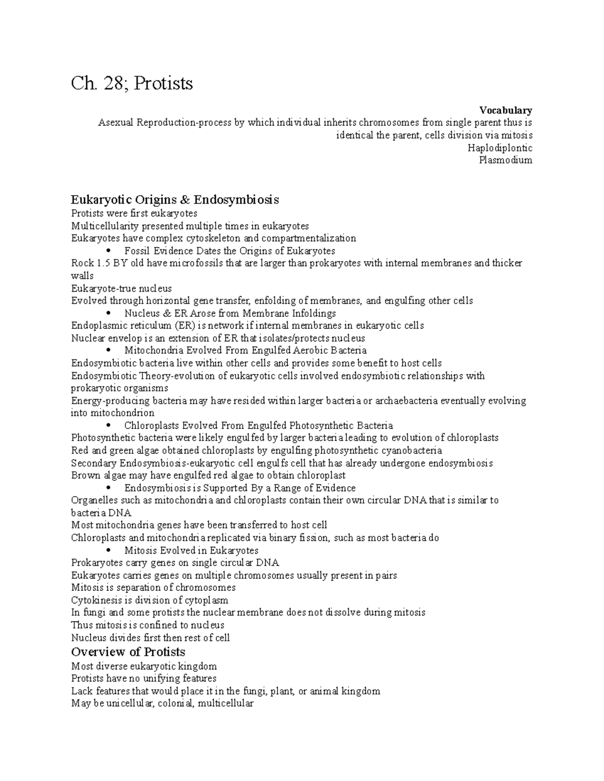 Protists - Vocabulary List and Chapter Notes - Biology - Ch. 28 ...