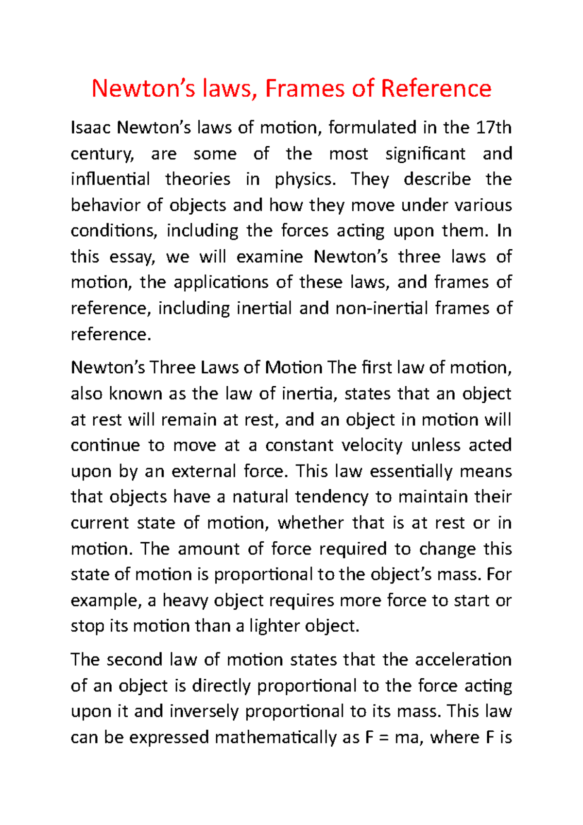 Newton's laws, Frames of Reference Newton’s laws, Frames of Reference