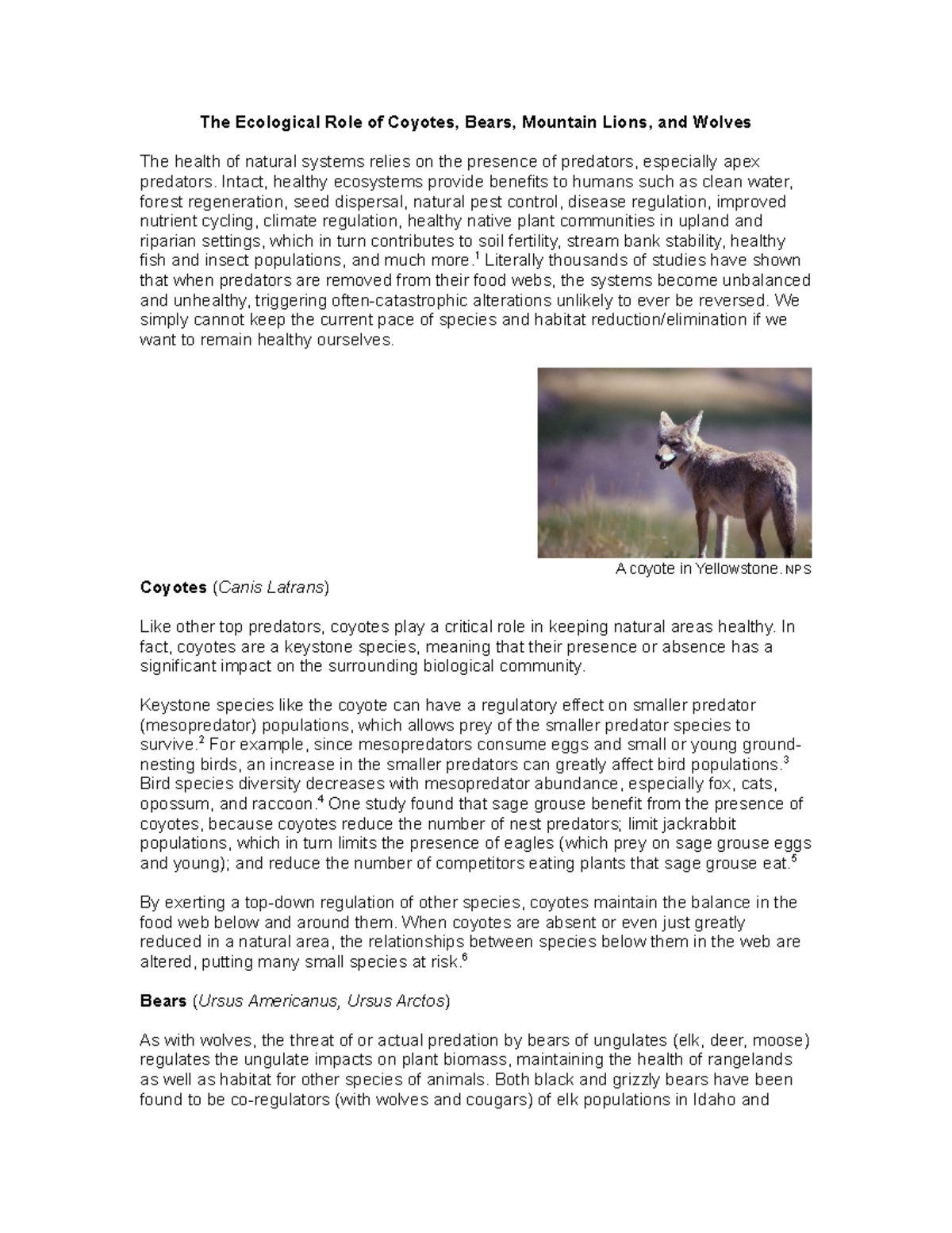 Ecological roles species - The Ecological Role of Coyotes, Bears ...