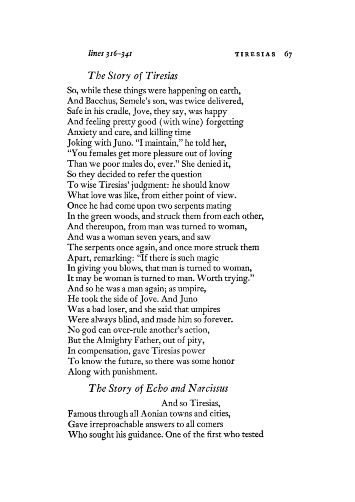 Echo & Narcissus (Ovid Metamorphoses) lines 316341 TIRESIAS 67 The