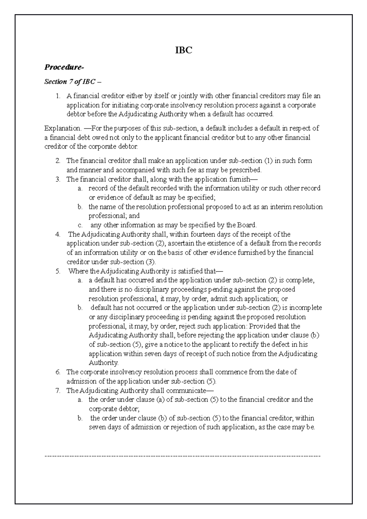 IBC - ibc code summary - IBC Procedure- Section 7 of IBC – A financial ...