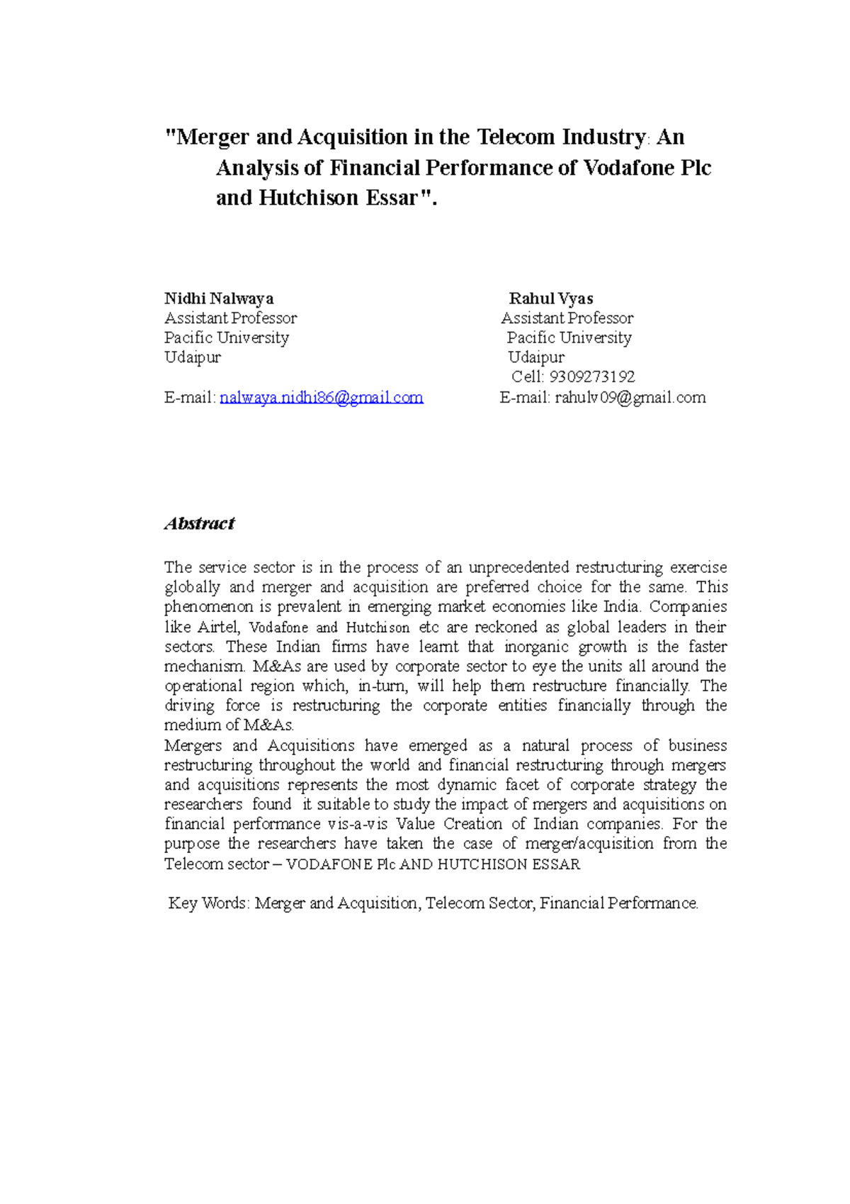 Merger and Acquisition in the Telecom In - 