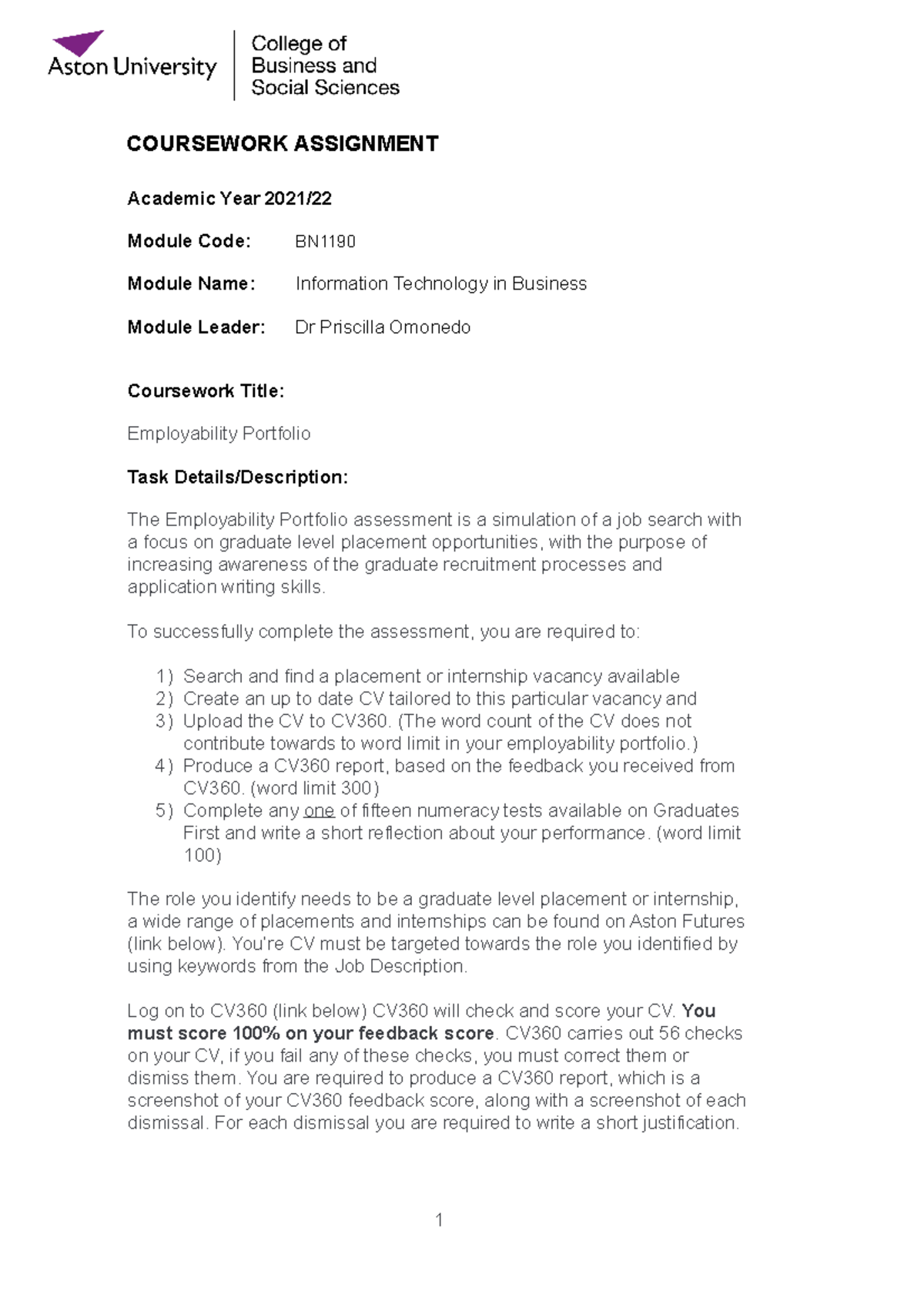 Employability Portfolio coursework guide BN1190 2021 - Academic Year 2021  Module Code: BN Module - Studocu