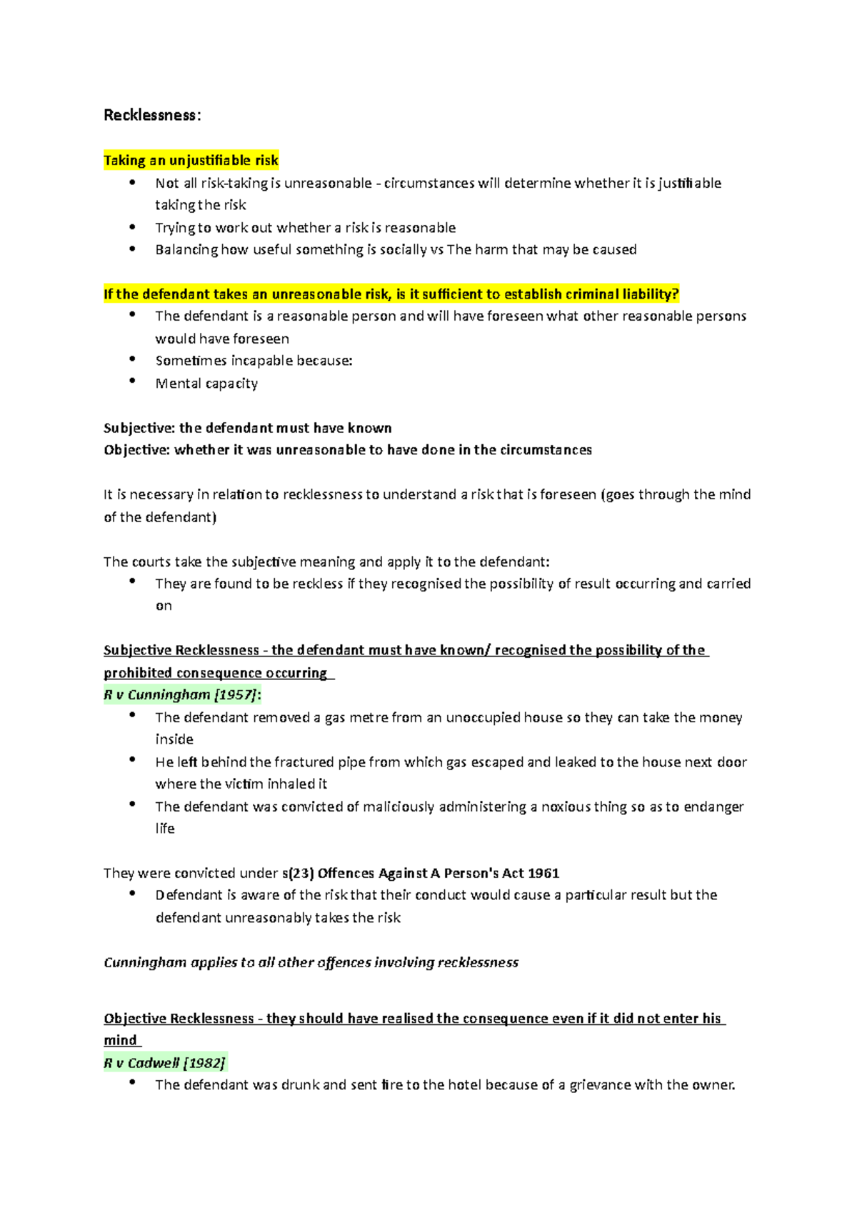 Lecture 2.2 Recklessness - Recklessness : Taking an unjustifiable risk ...