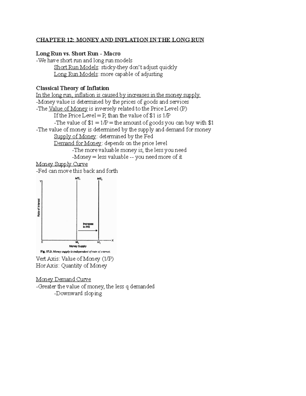 ECON 203 Chapter 12 Notes - CHAPTER 12: MONEY AND INFLATION IN THE LONG ...