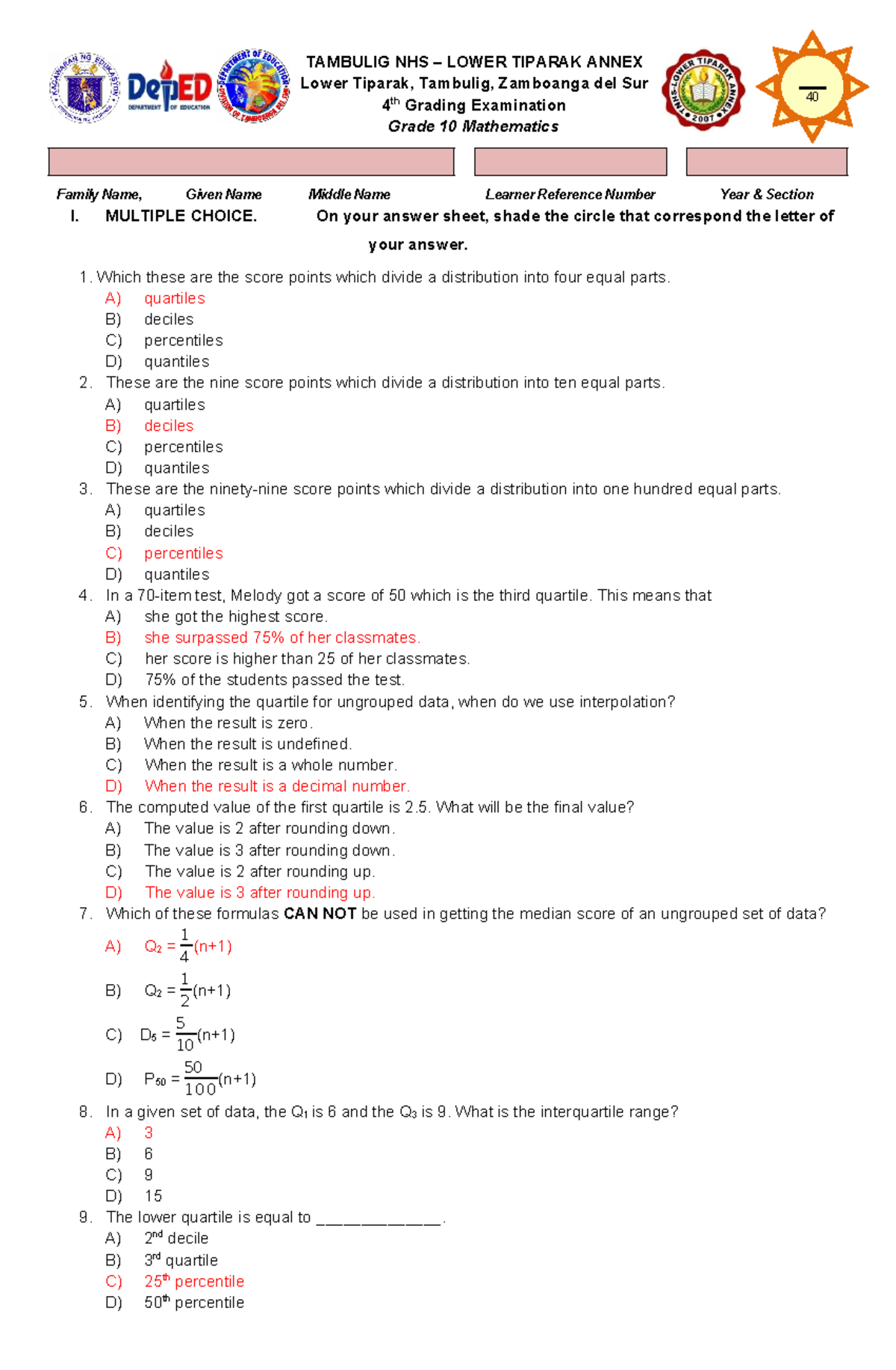 10 math exam 4th final e - TAMBULIG NHS – LOWER TIPARAK ANNEX Lower ...