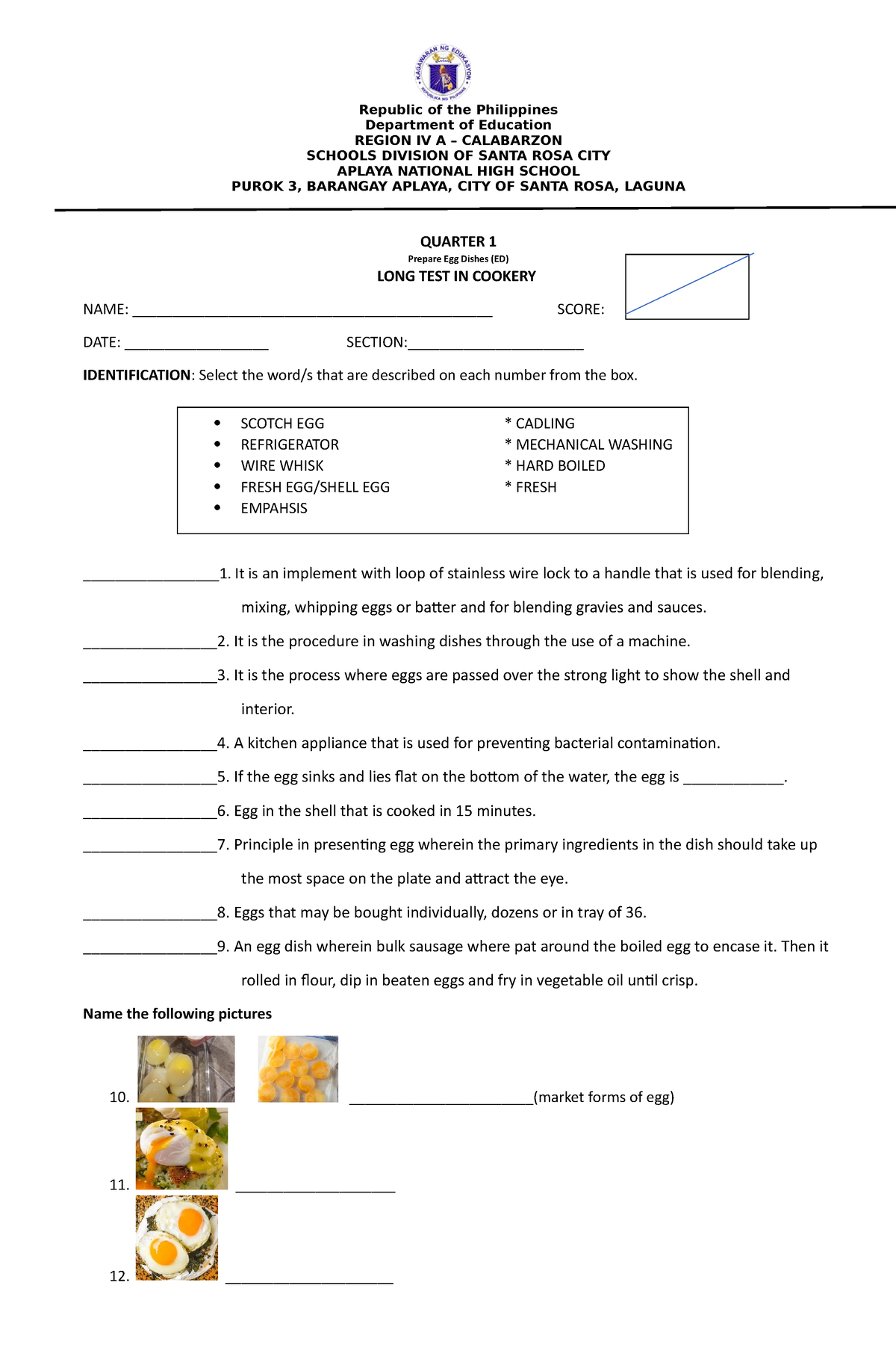 Cookery Q1-LONG TEST - Republic Of The PhilippinesDepartment Of ...