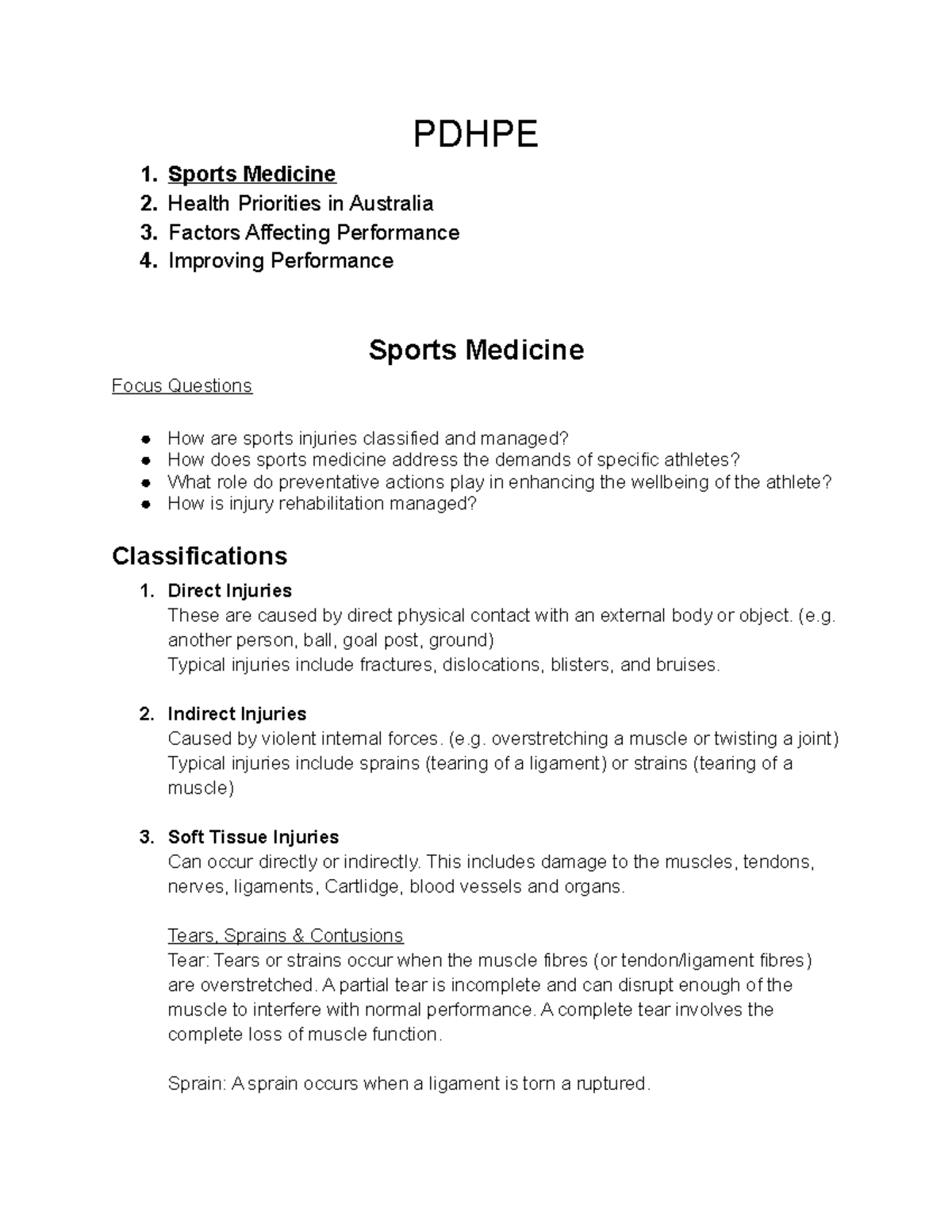 Sports Medicine Lecture Notes PDHPE 1. Sports Medicine 2. Health