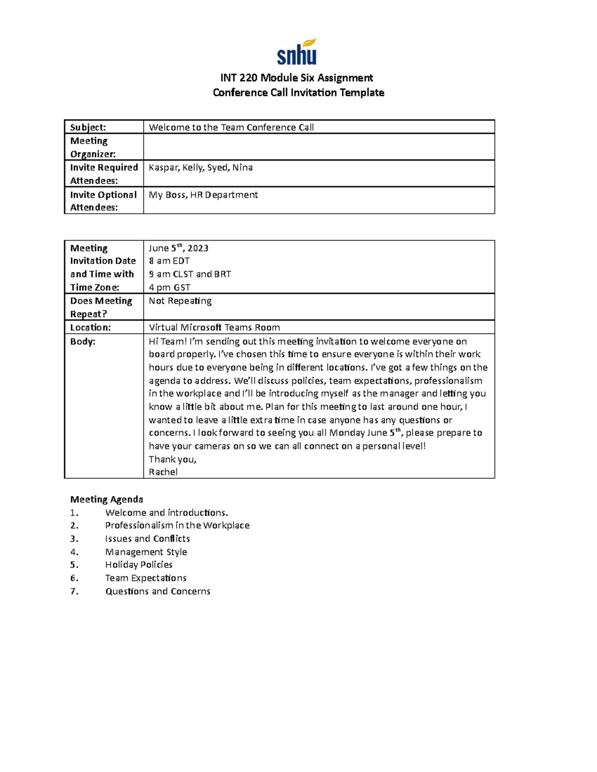 Global Conference Call Invitation - INT 220 Module Six Assignment ...