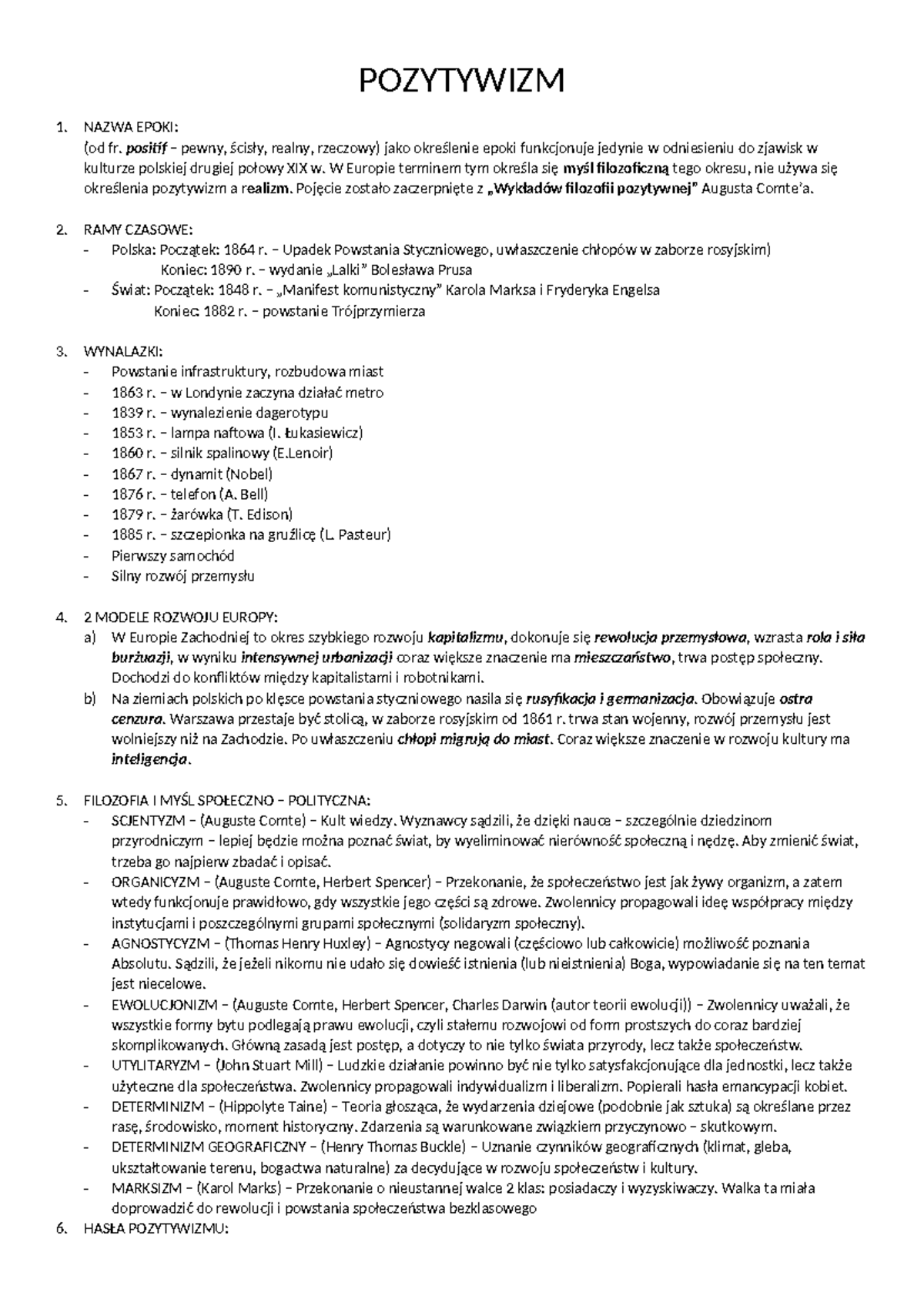 Pozytywizm - Streszczenie Chemia - POZYTYWIZM 1. NAZWA EPOKI: (od fr