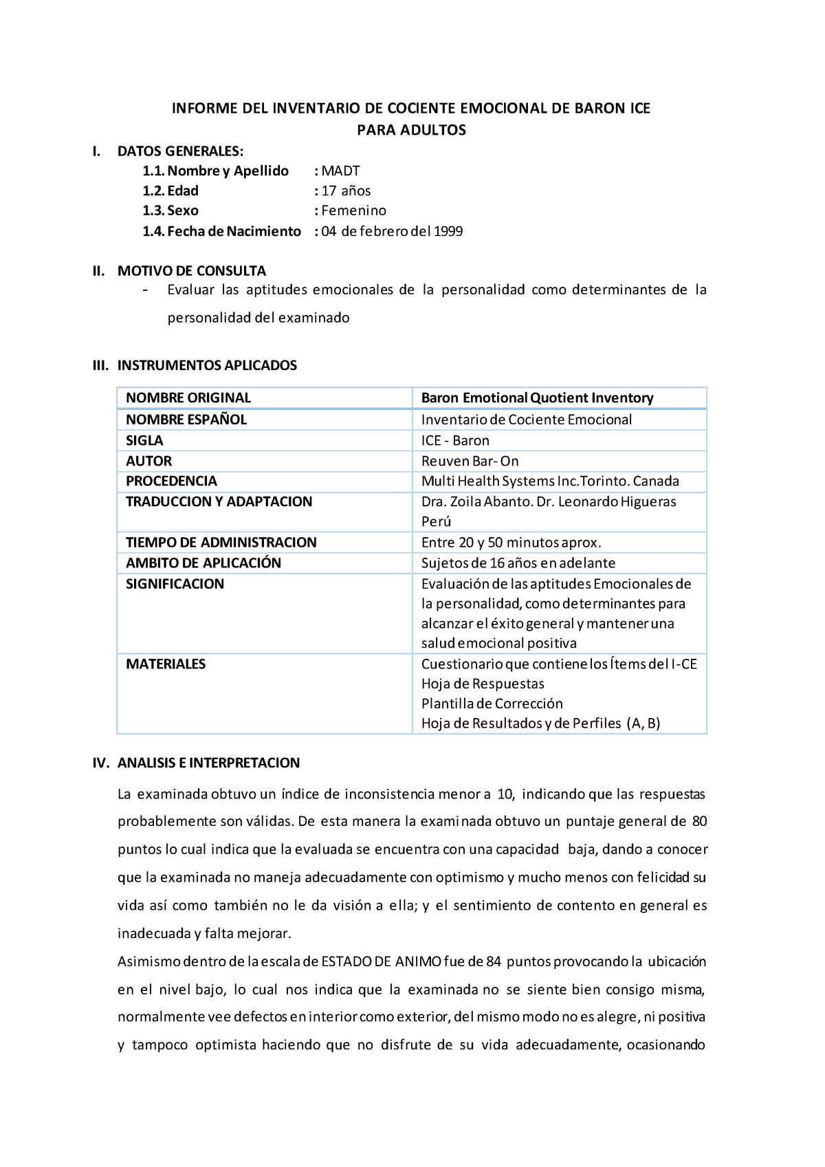 Iinforme 1 Es Bueno Informe Del Inventario De Cociente Emocional De Baron Ice Para Adultos I 1986