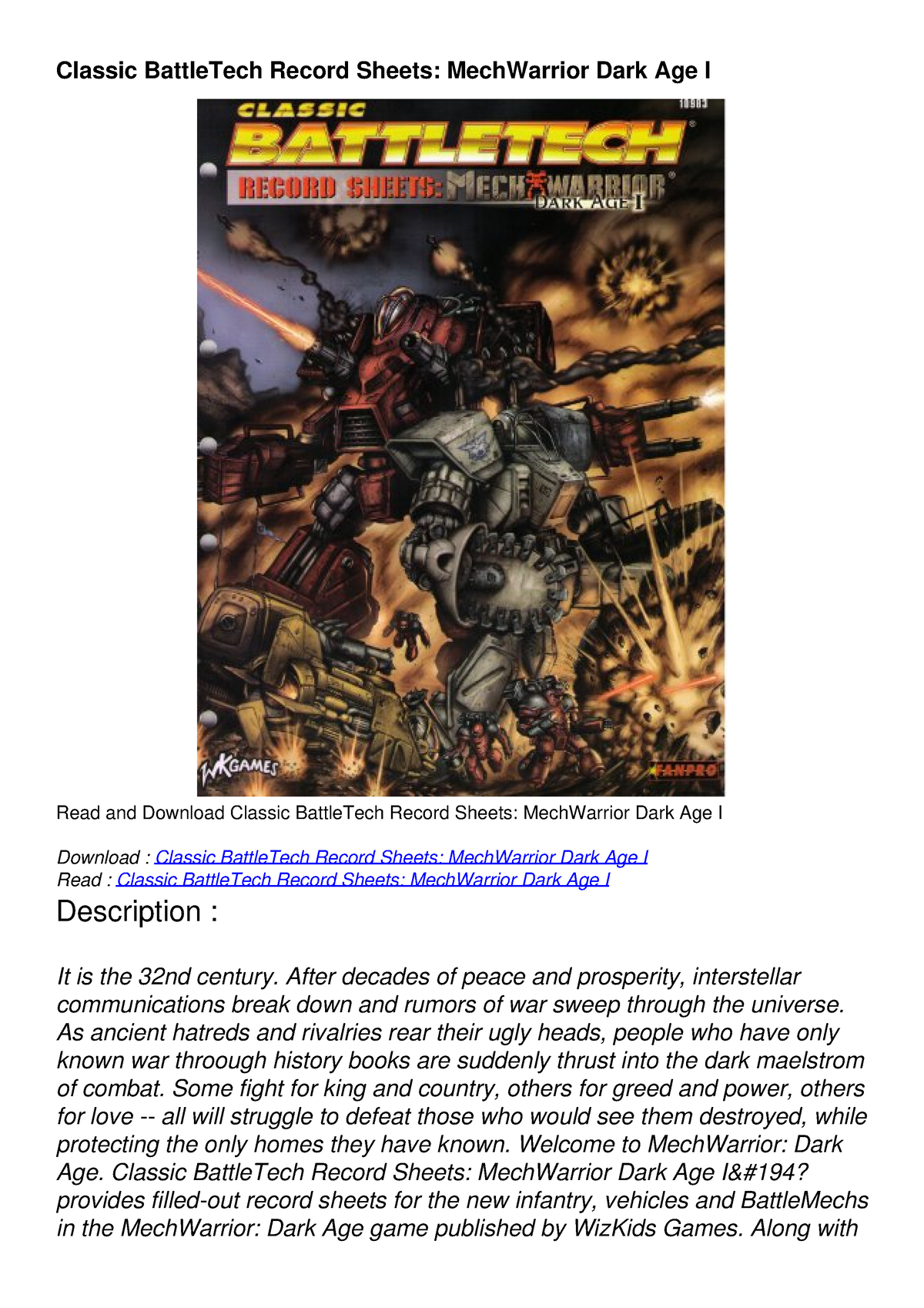 Pdf Read Classic Battletech Record Sheets: Mechwarrior Dark Age I 