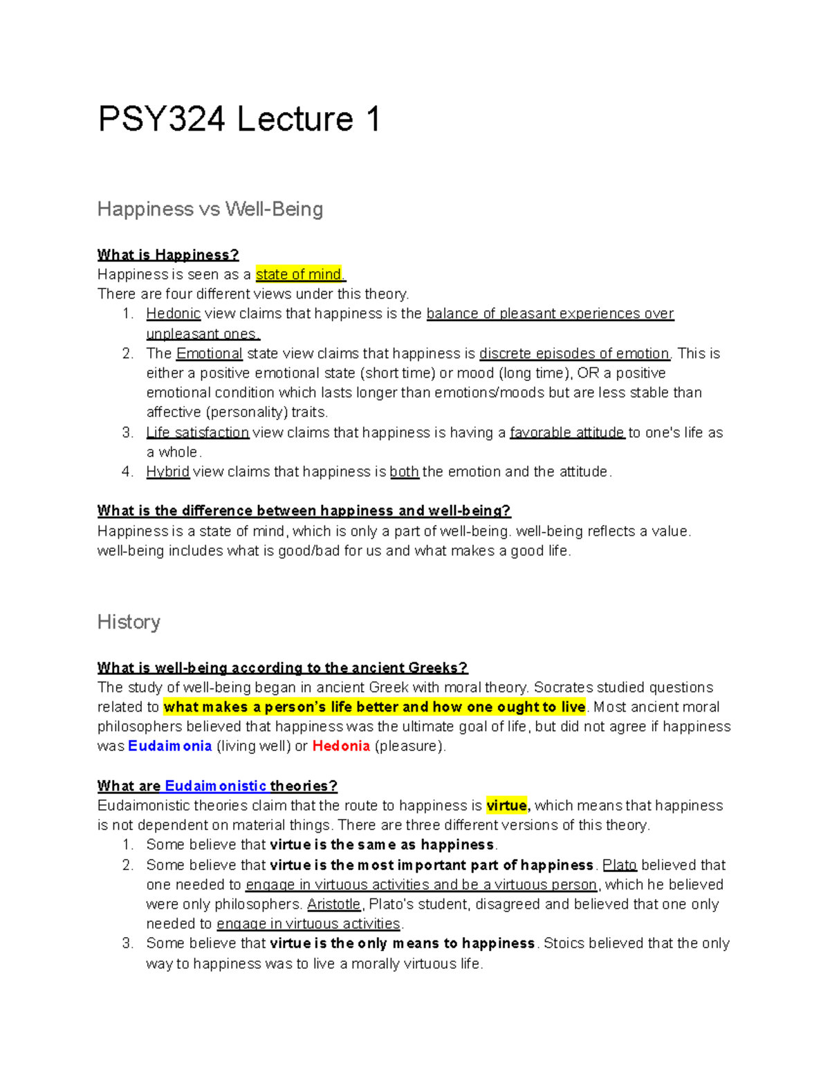 PSY324 Notes - PSY 324 Lecture 1 Happiness vs Well-Being What is ...