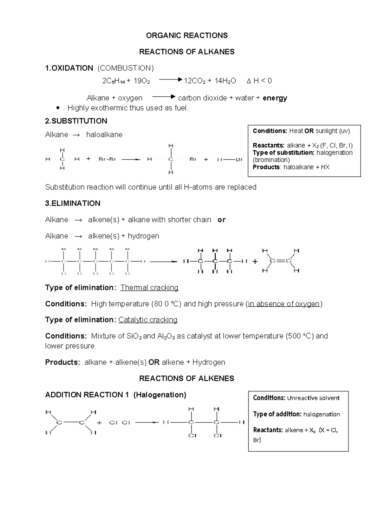 Organic Reactions Notes - ORGANIC REACTIONS REACTIONS OF ALKANES 1 ...