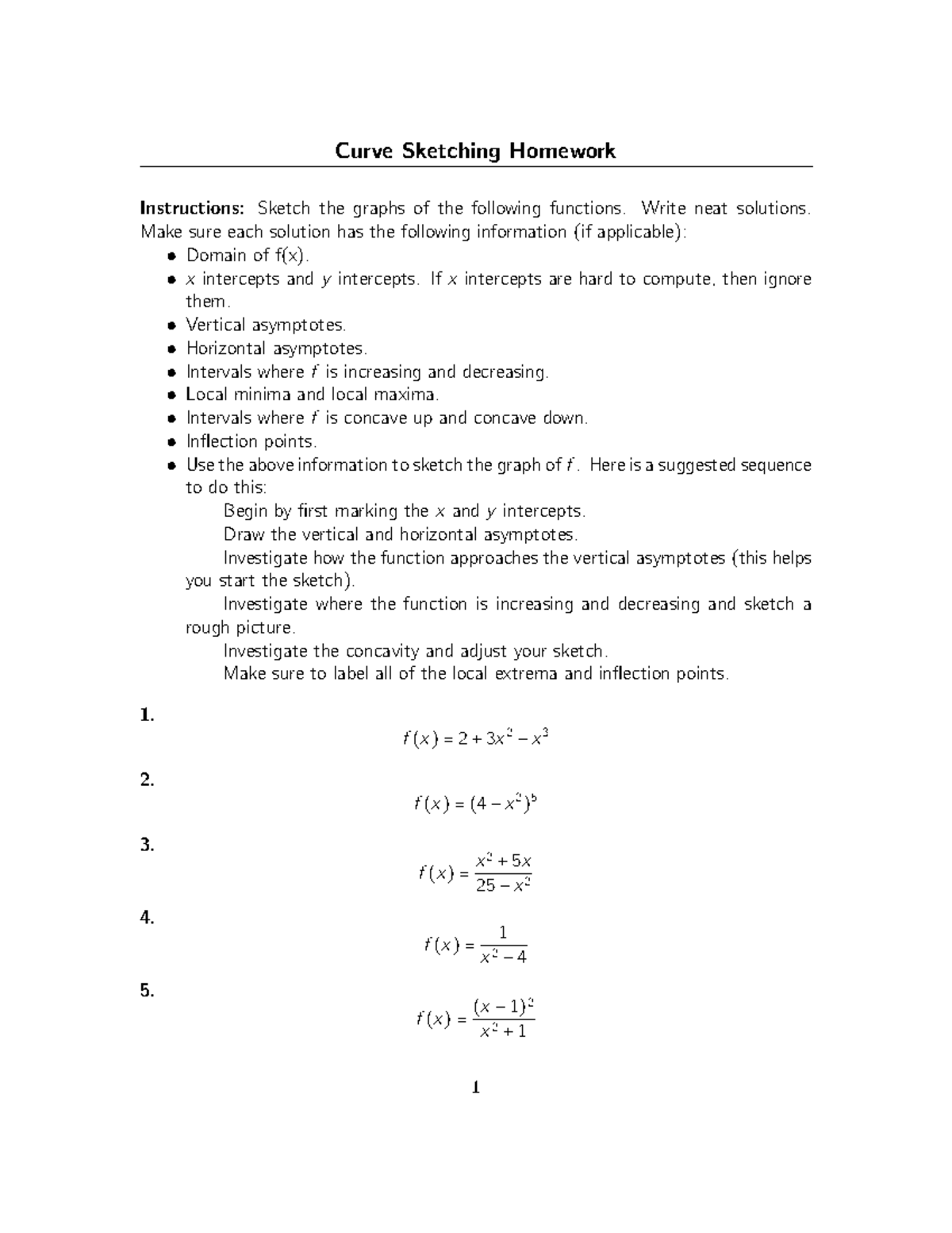 Curve Sketching Homework Curve Sketching Homework Instructions