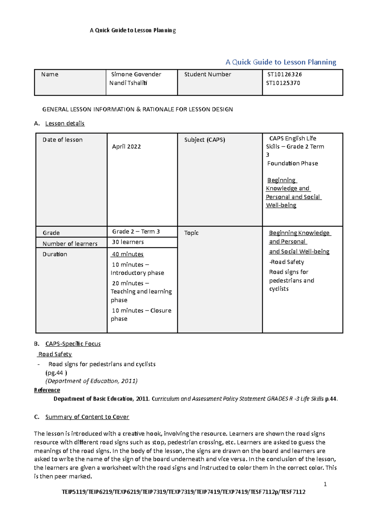 FOED Lesson PLAN LIFE Skills (1) A Quick Guide to Lesson Planning