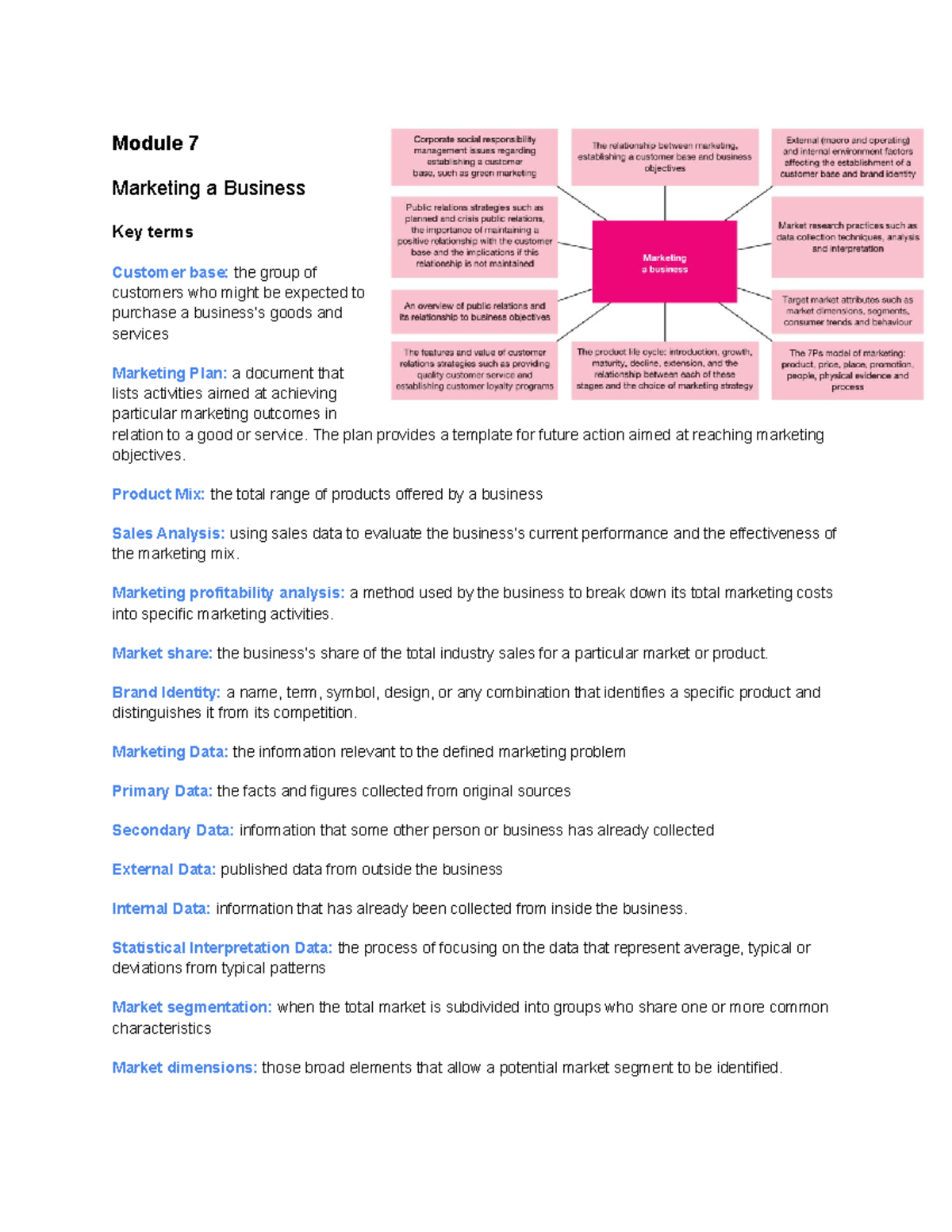 Module 7 - Module 7 Marketing A Business Key Terms Customer Base: The ...