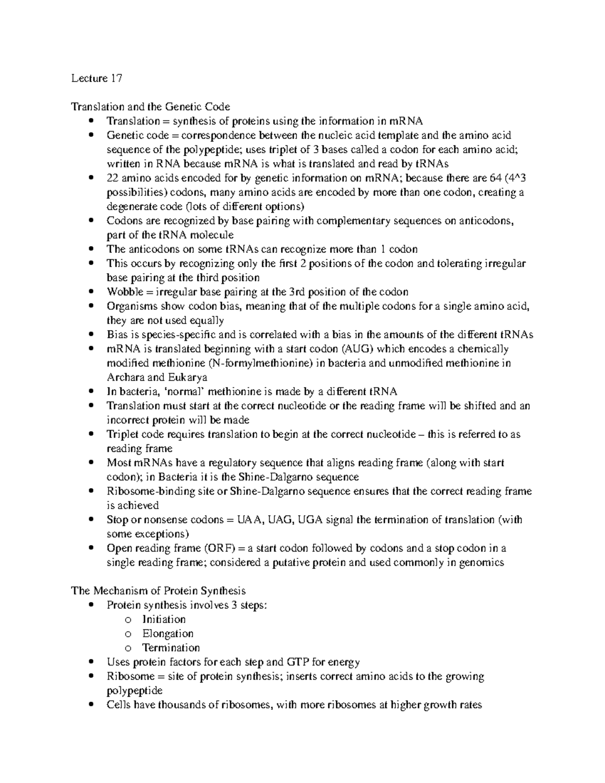 Chapter 4 Notes - Lecture 17 Translation and the Genetic Code ...
