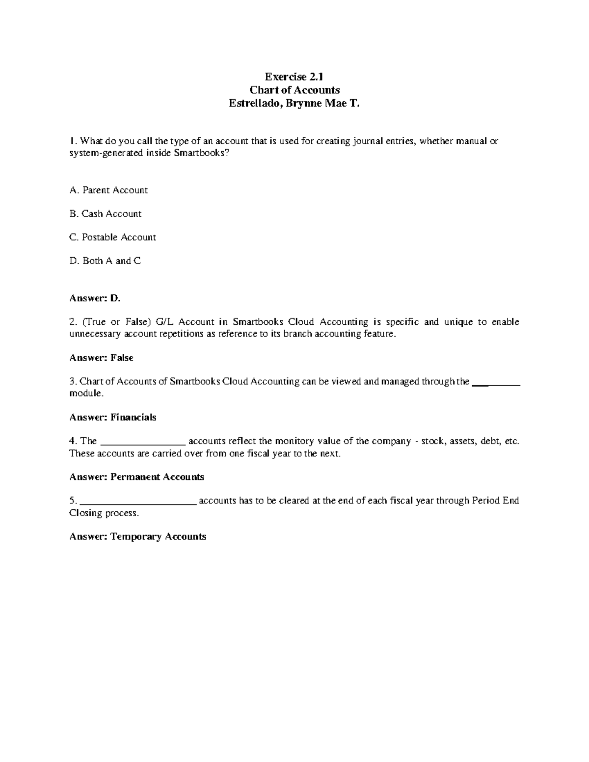 Exercise 2.1 Chart of Accounts Exercise 2. Chart of Accounts